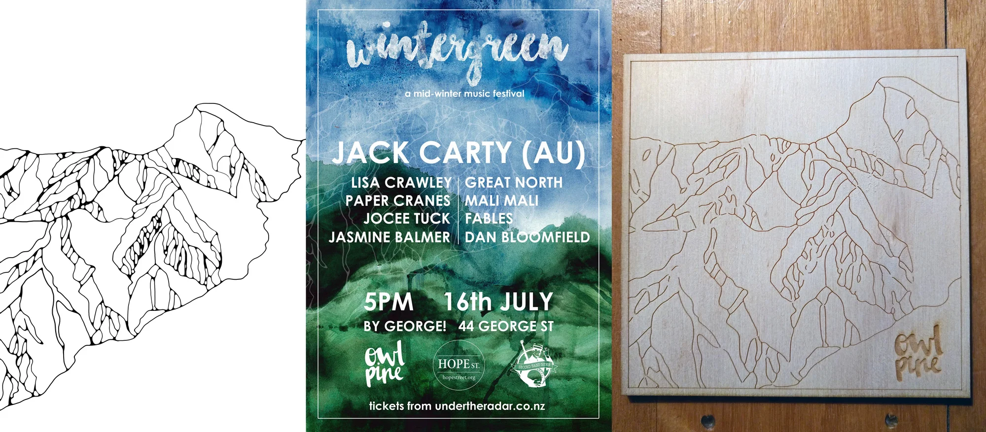 line art (left) by strahan. poster and woodcutting by outside collaborators