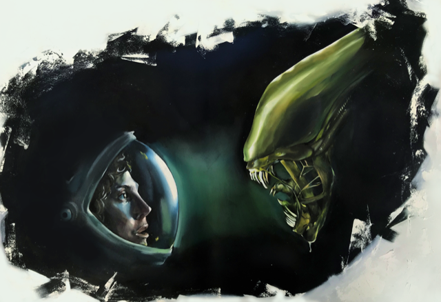  painting of Ripley, from the film Aliens, from the shoulders up in a space helmet staring at a green hued version of the alien from the same film. They are looking directly at each other  