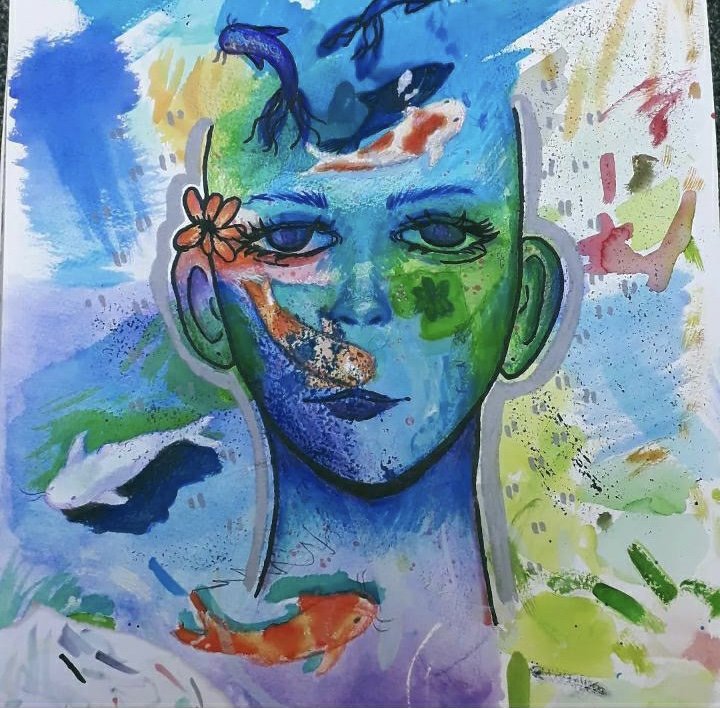  a blue based painting of an animated style persons head and neck with white and orange koi fishes and lilipads floating over them 