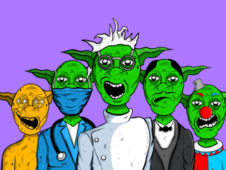 four green and one yellow skinned lizard style humanoid figures stood against purple background all wearing recognisable human clothing such as a clown costume, tuxedo, and scrubs. 