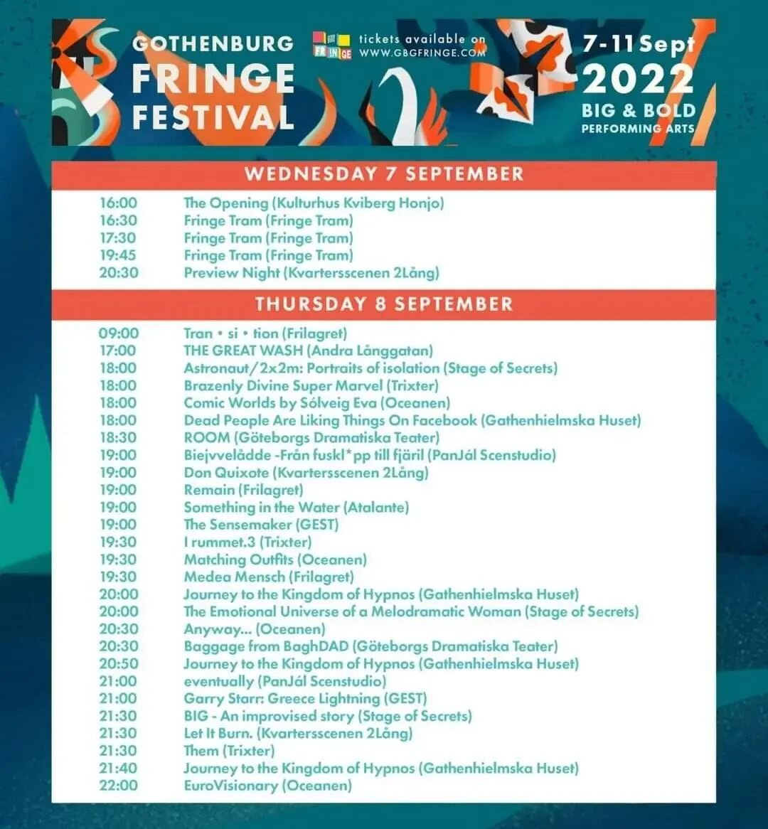 Show time! 

Gothenburg Fringe 2022 begins today and here is your schedule for today and tomorrow 💥

👉 gbgfringe.com for tickets - some FREE and lots to SEE