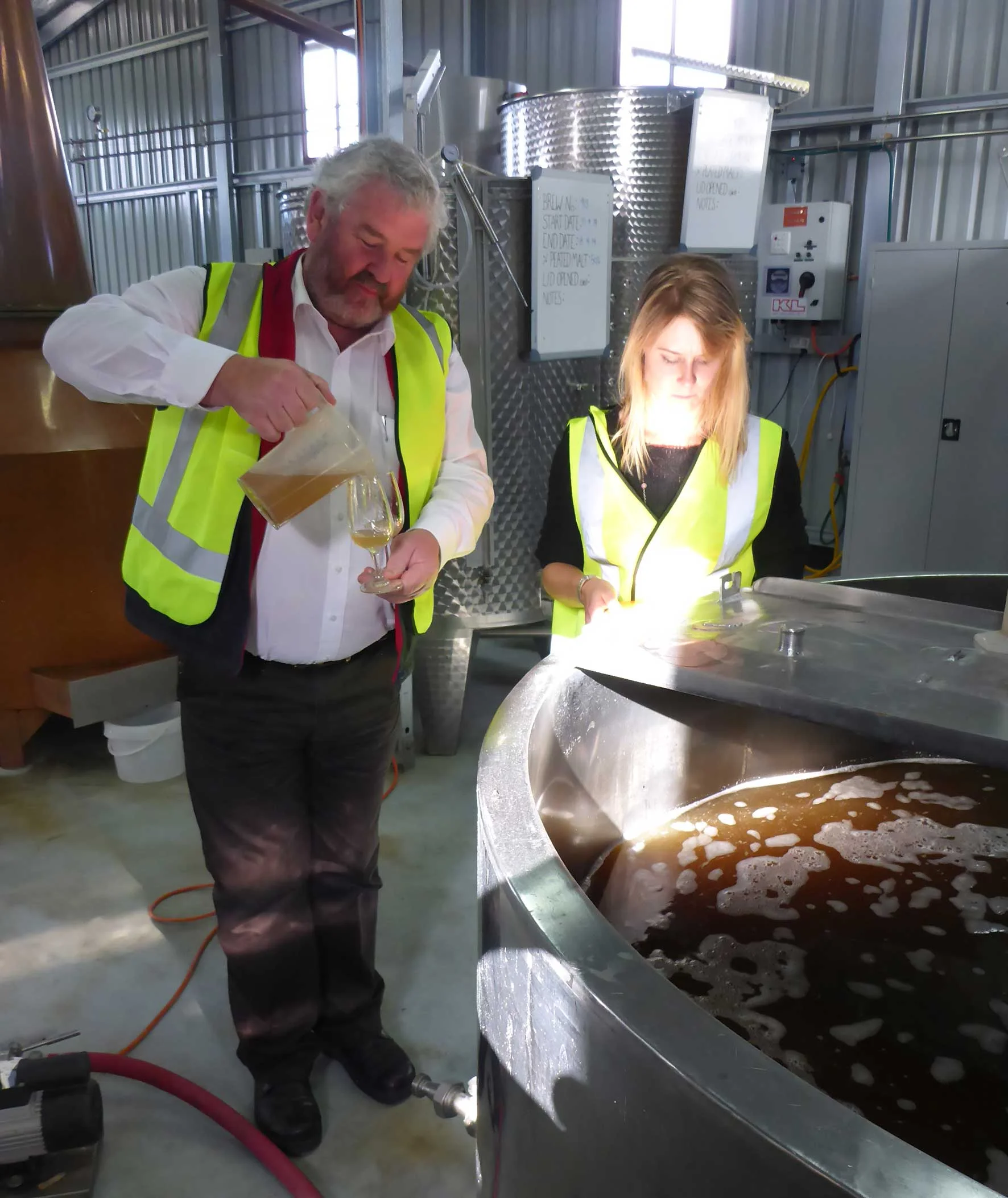 Tasting the fresh wort at Lark Distillery