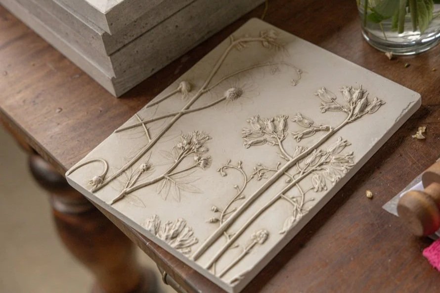 A clay or plaster bas-relief artwork of pressed and carved botanical plants and flowers on a square tile, resting on a wooden table.