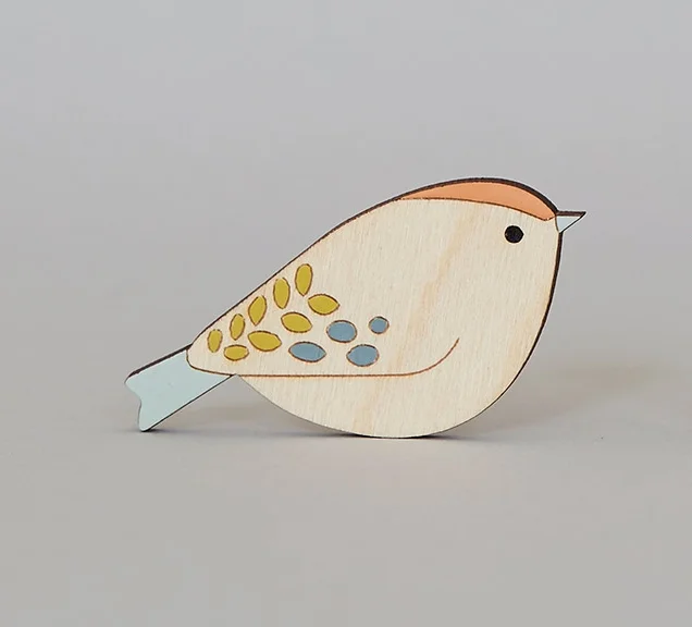 Goldcrest Wooden Bird Brooch