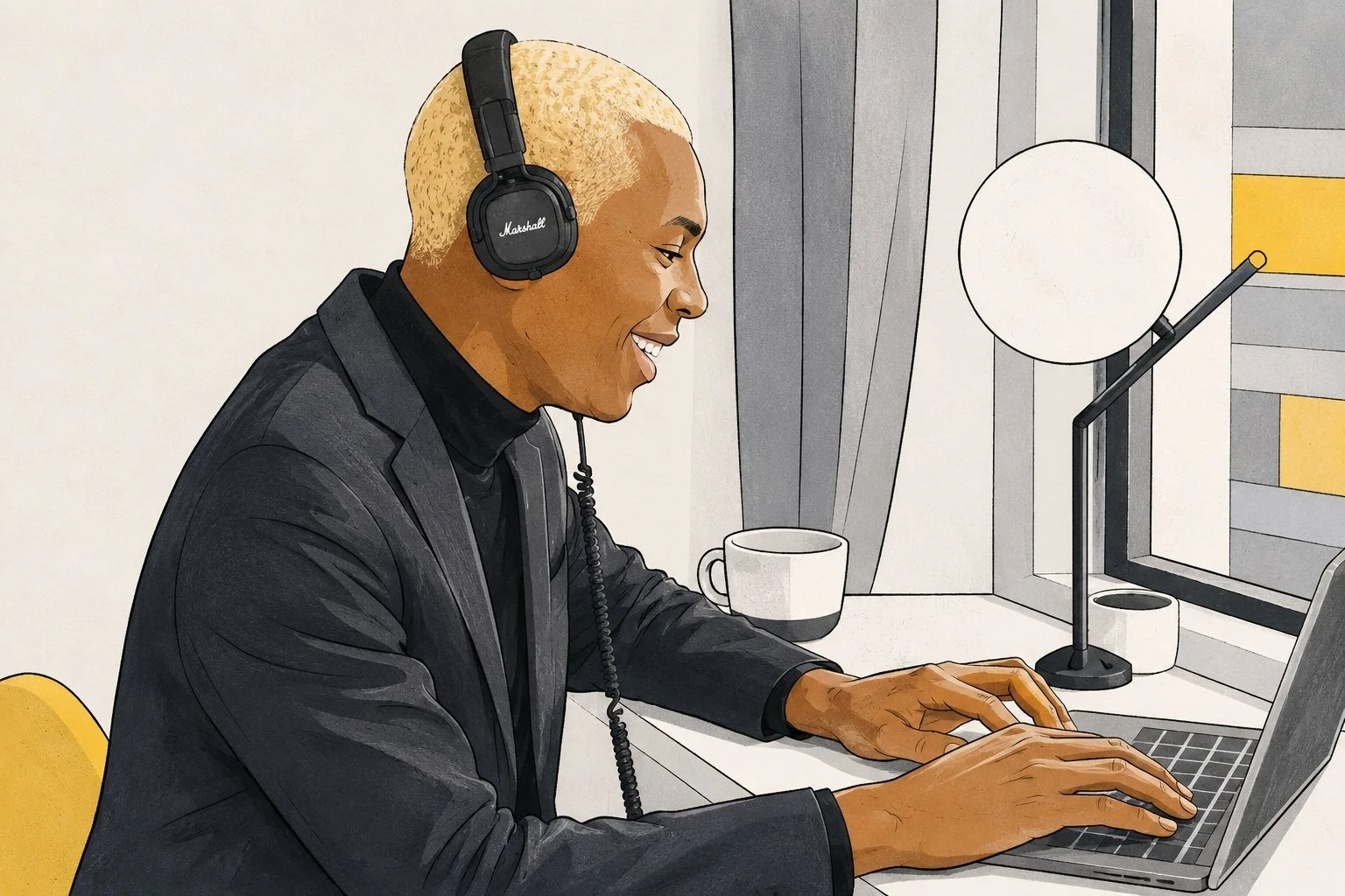 Illustration of a smiling person wearing headphones and working on a laptop in a bright, calm workspace with a window, desk lamp, and warm yellow accents.