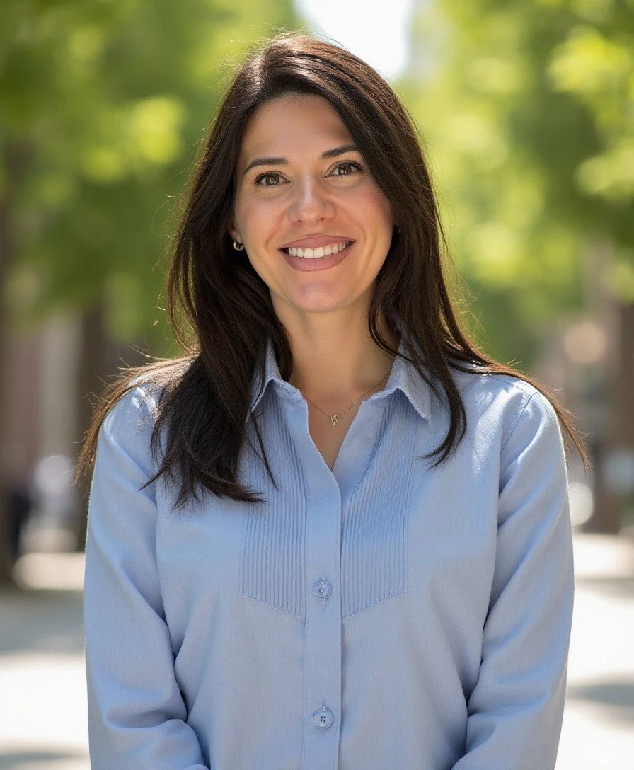 Person smiling in color photo with shoulder length brown hair and a longsleeve blue collar shirt