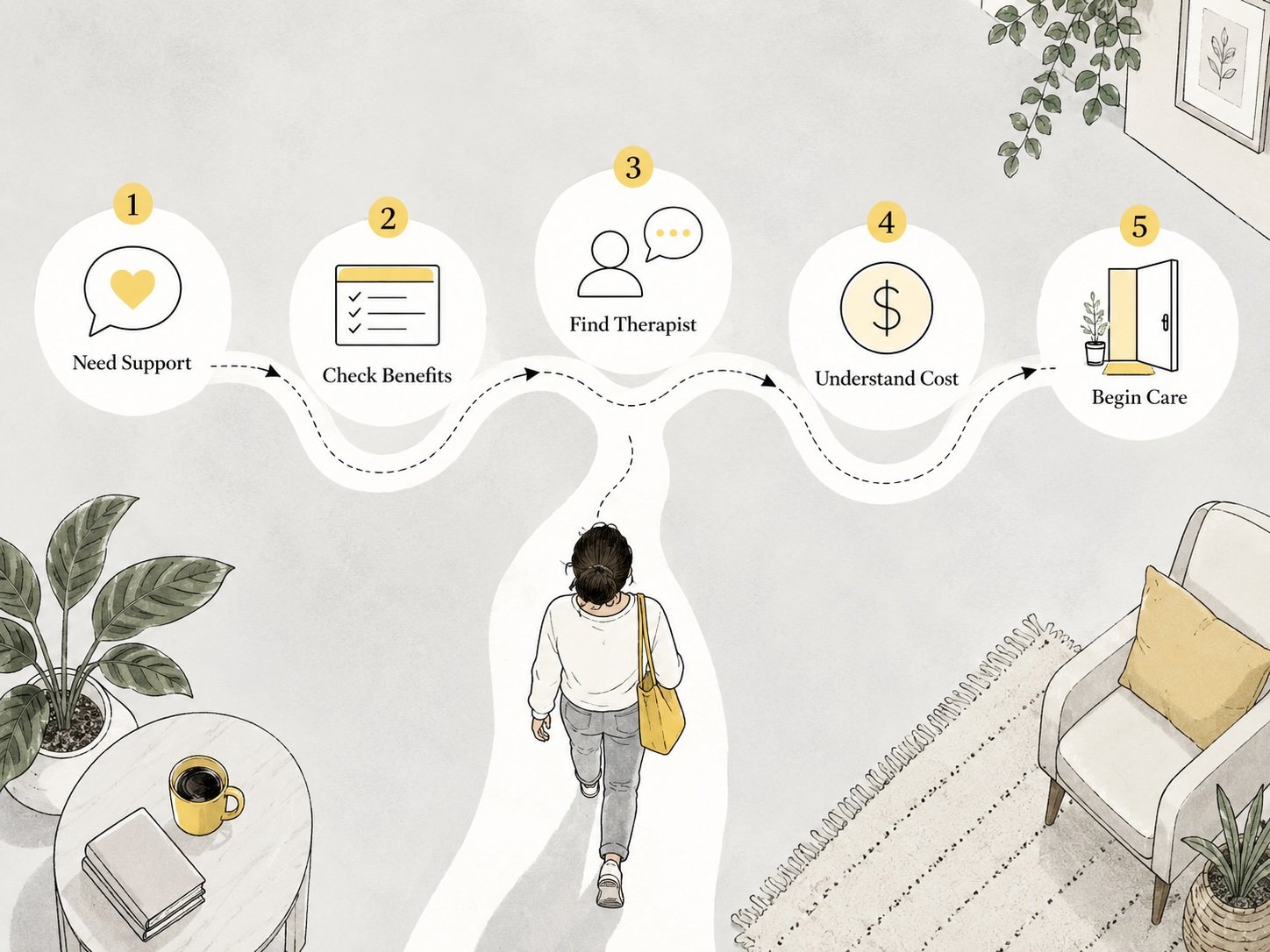 Illustration of a person walking through a five-step mental health insurance flow chart: Need Support, Check Benefits, Find Therapist, Understand Cost, and Begin Care.