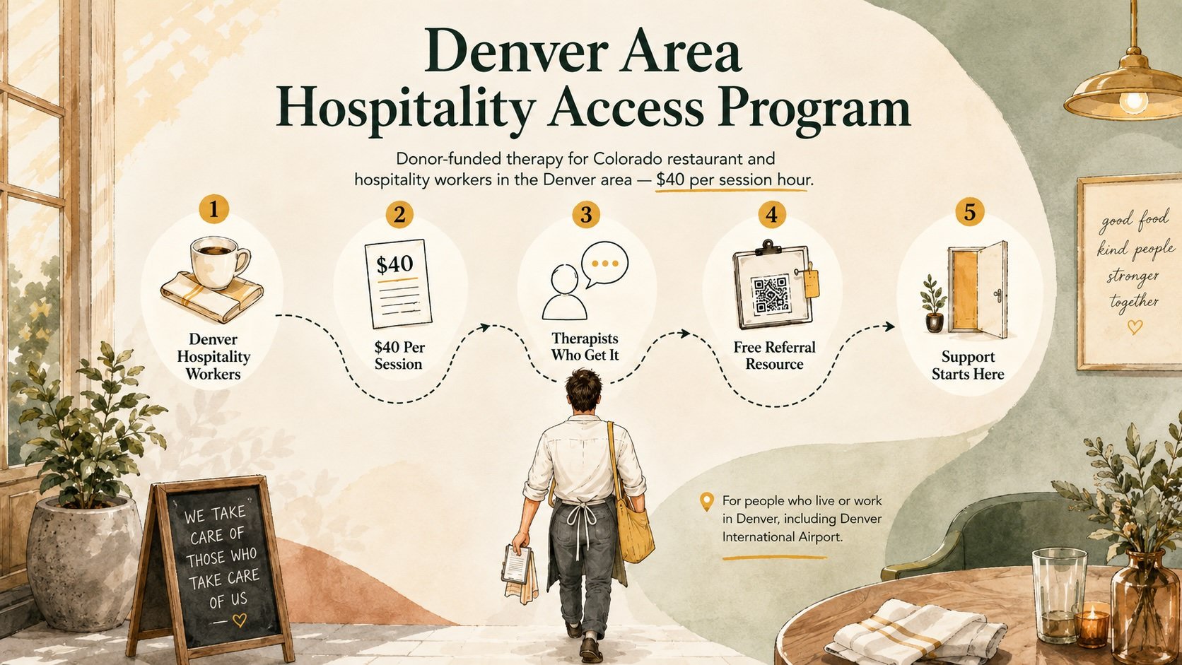 Illustrated pathway for the Denver Area Hospitality Access Program showing a male restaurant worker walking toward five steps: eligibility, a free first consultation, $40 therapy sessions, therapist matching, and confidential support.