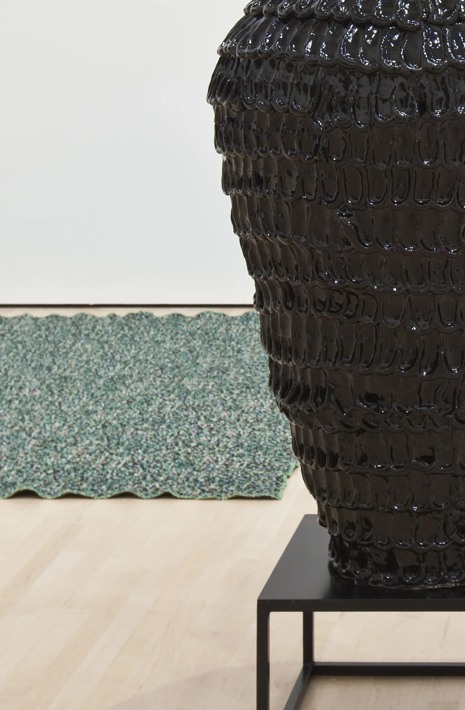 Cynodon Dactylon (Devil’s Grass) Jacquard weaving 50” x 60” Stand: Soul Sitter Glazed Stoneware, Steel 53” x 20” x 20”