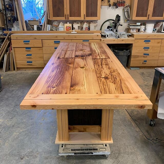 Reclaimed Fir lumber that a friend&rsquo;s father milled on the family ranch in Opportunity decades ago. We&rsquo;re helping it find a new life transformed from a cattle shed to a dining table and benches. Even the tin panels were once roofing on thi