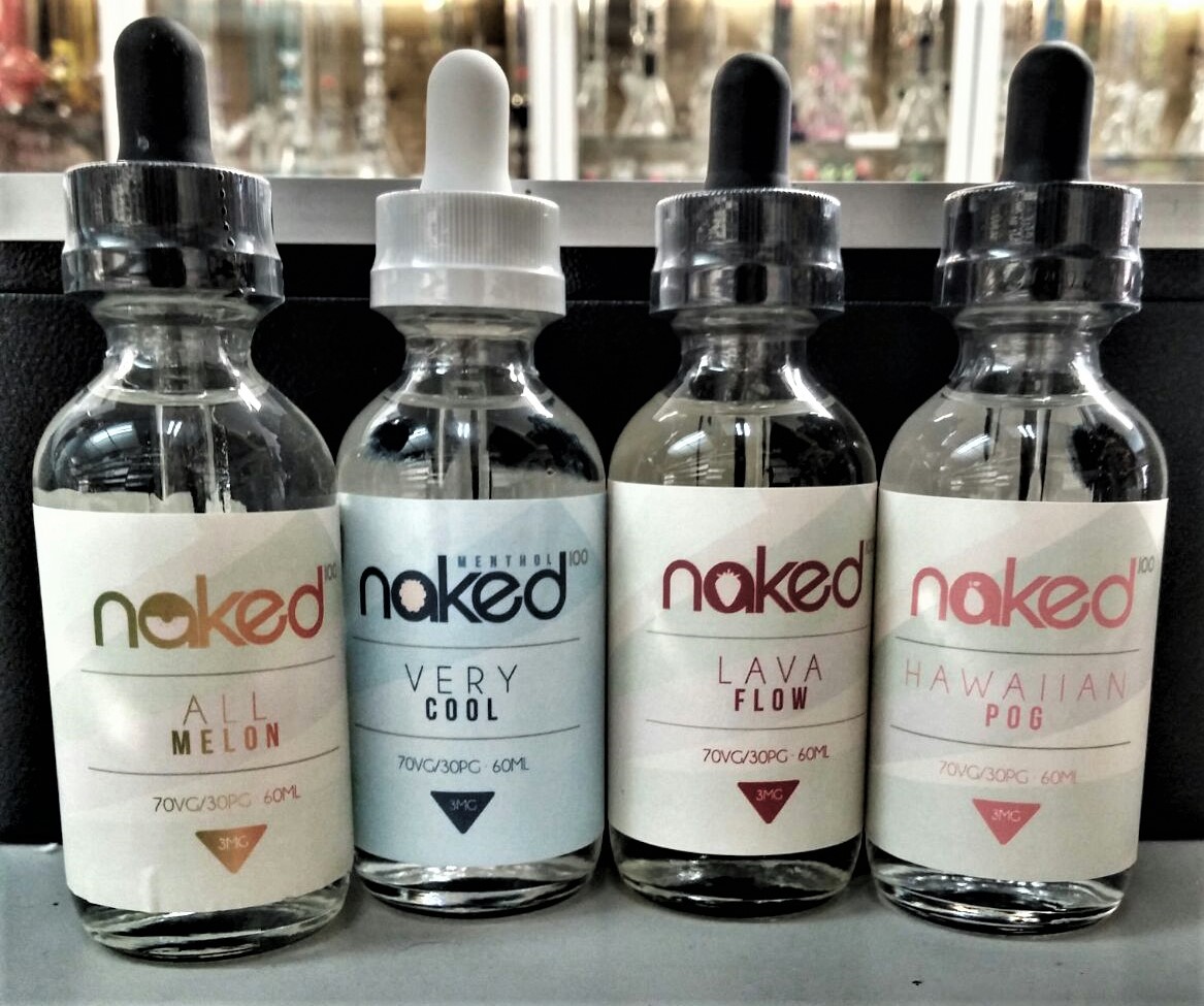 NAKED100 60 ML · ALL MELON-Combines the taste of Watermelon, Honeydew, with sweetness of Cantaloupe · VERY COOL-Blueberry, Blackberry, Raspberry guaranteed to leave your taste buds fresh and icy · LAVA FLOW-Strawberry, Pineapple, and Coconut · HAWAIIAN POG-Passionfruit, Orange, Guava