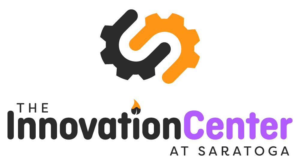 Logo for The Innovation Center at Saratoga featuring a stylized gear and drop of oil or creativity, with black, orange, and purple colors.