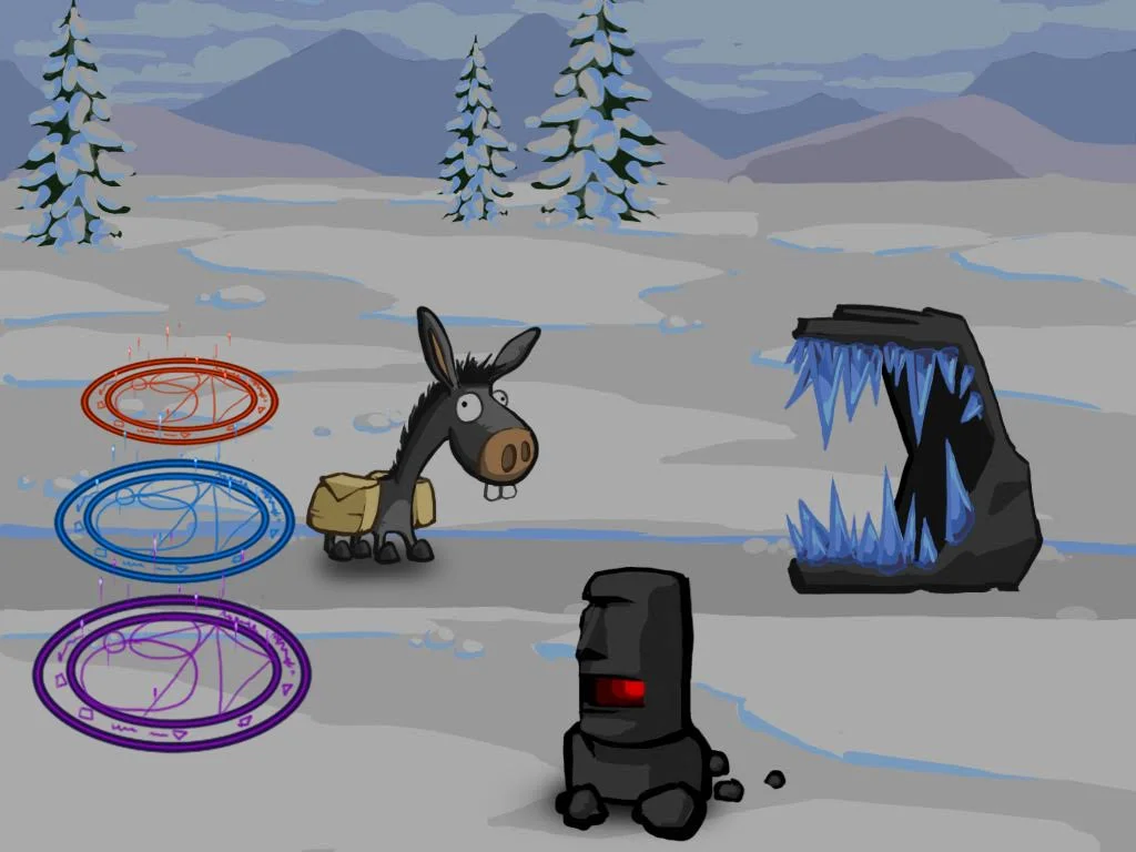 Protecting our stalwart donkey with our powerful magics.