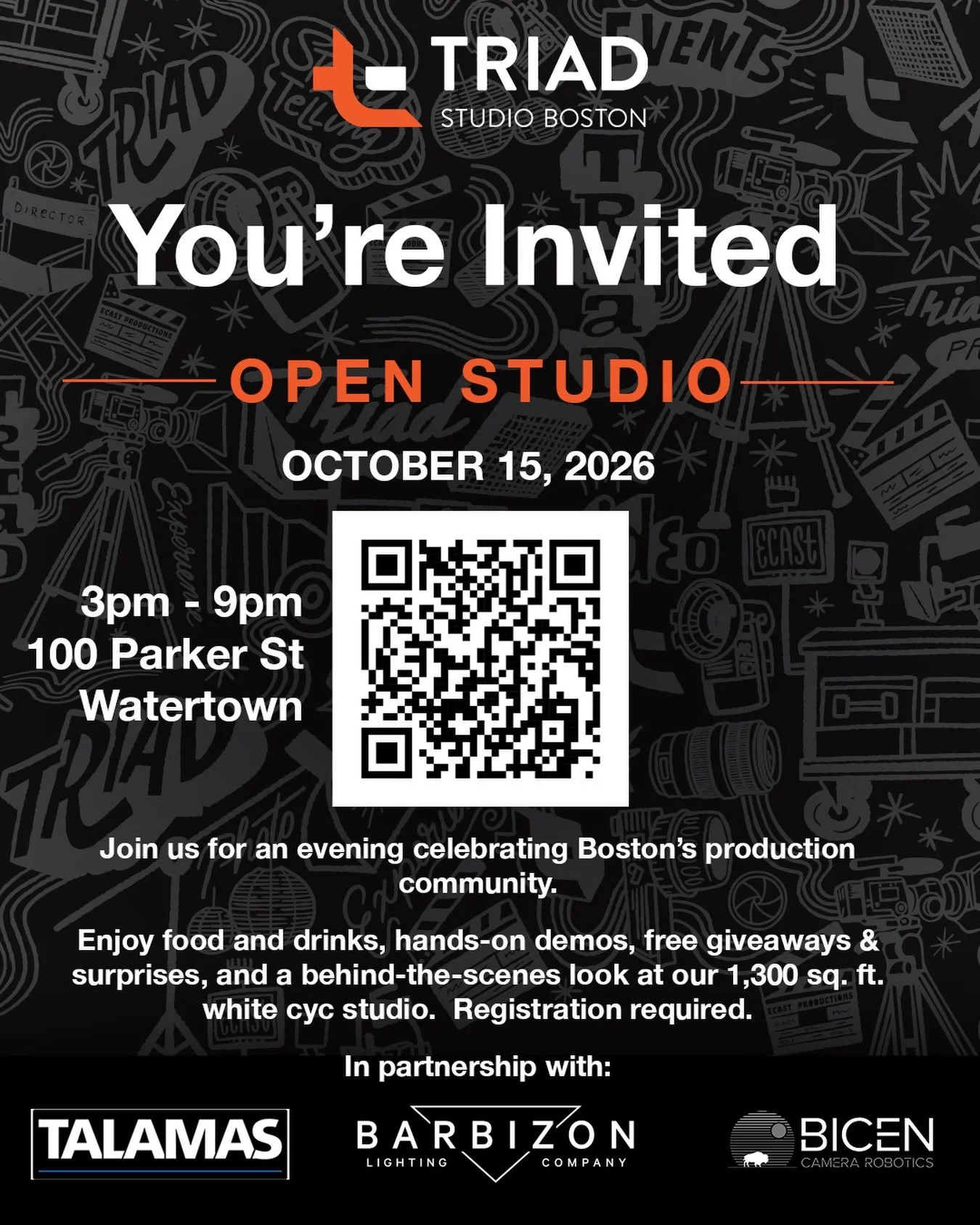 Open Studio at Triad Studio Boston &ndash; This Thursday!

MPC member @TriadStudioBoston is opening its doors Thursday, October 15, for studio tours, hands-on gear demos from Talamas, Barbizon, and BiCEN Camera Robotics, and a chance to connect with 