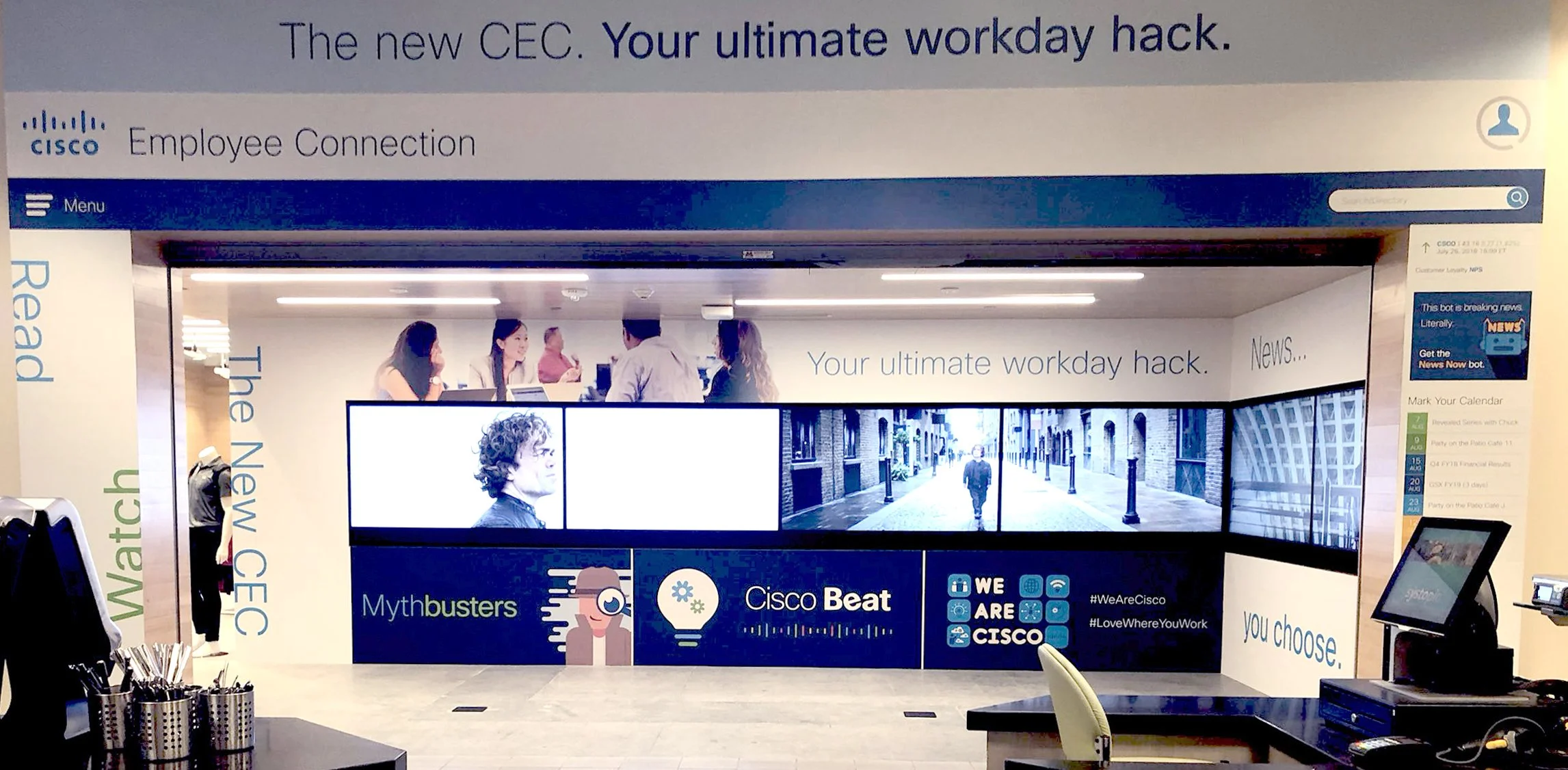 Cisco Store physical takeover showing the new CEC intranet branding with wall wraps, screen displays, and 'Your ultimate workday hack' signage