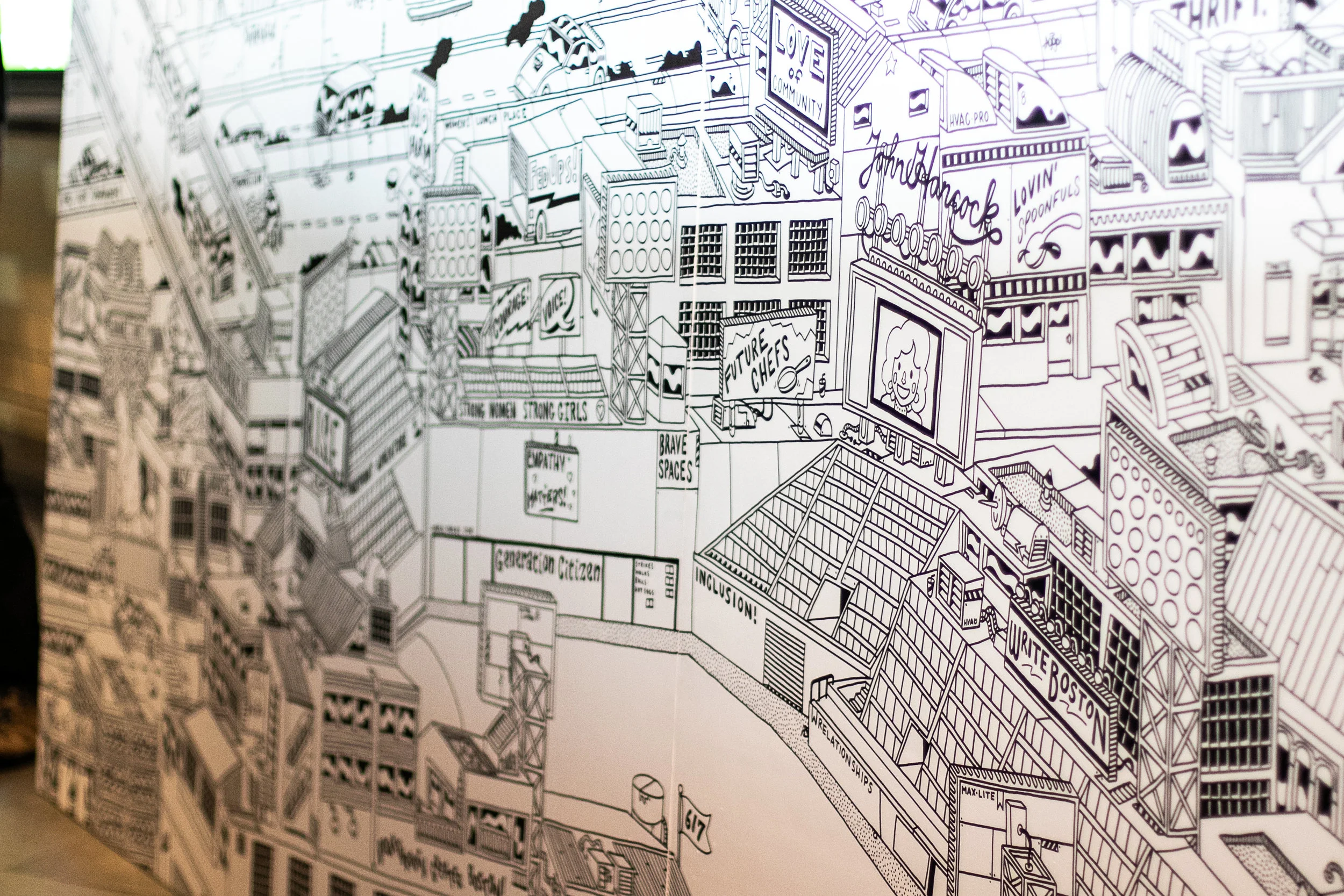 Interactive mural commissioned by the Learning by Giving Foundation for their first annual Philanthropy on the Field at Fenway Park. During the philanthropy seminar, Ben filled in blank spaces on the mural with the names on non-profit partners and key themes of the day. Winter, 2018 (photographs courtesy of Take Aim Photography)