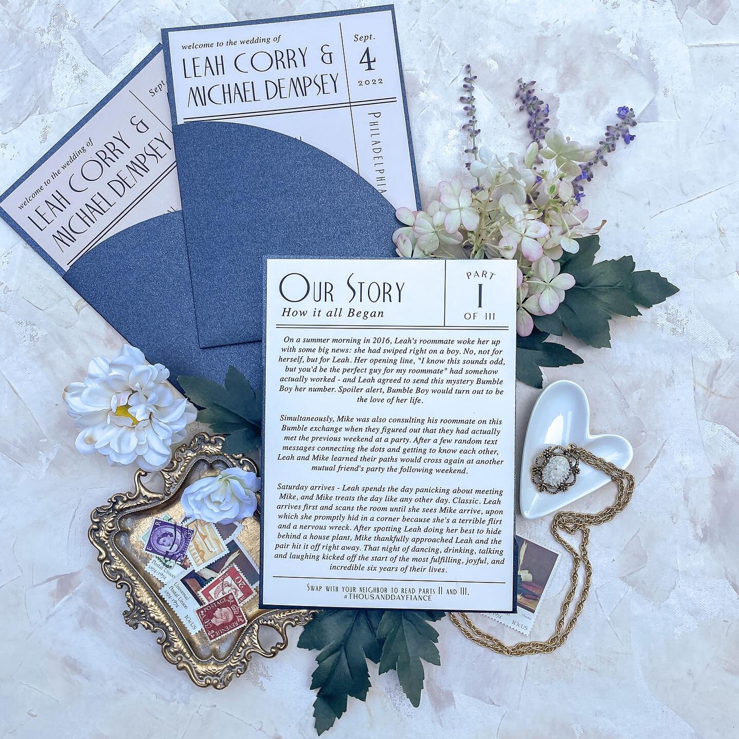 An interactive program that serves as an experience for your guests? Leah. NAILED. It. 

On these programs, we kept the front consistent while dividing their love story into three &ldquo;chapters&rdquo; on the back. Guests were able to read and swap 