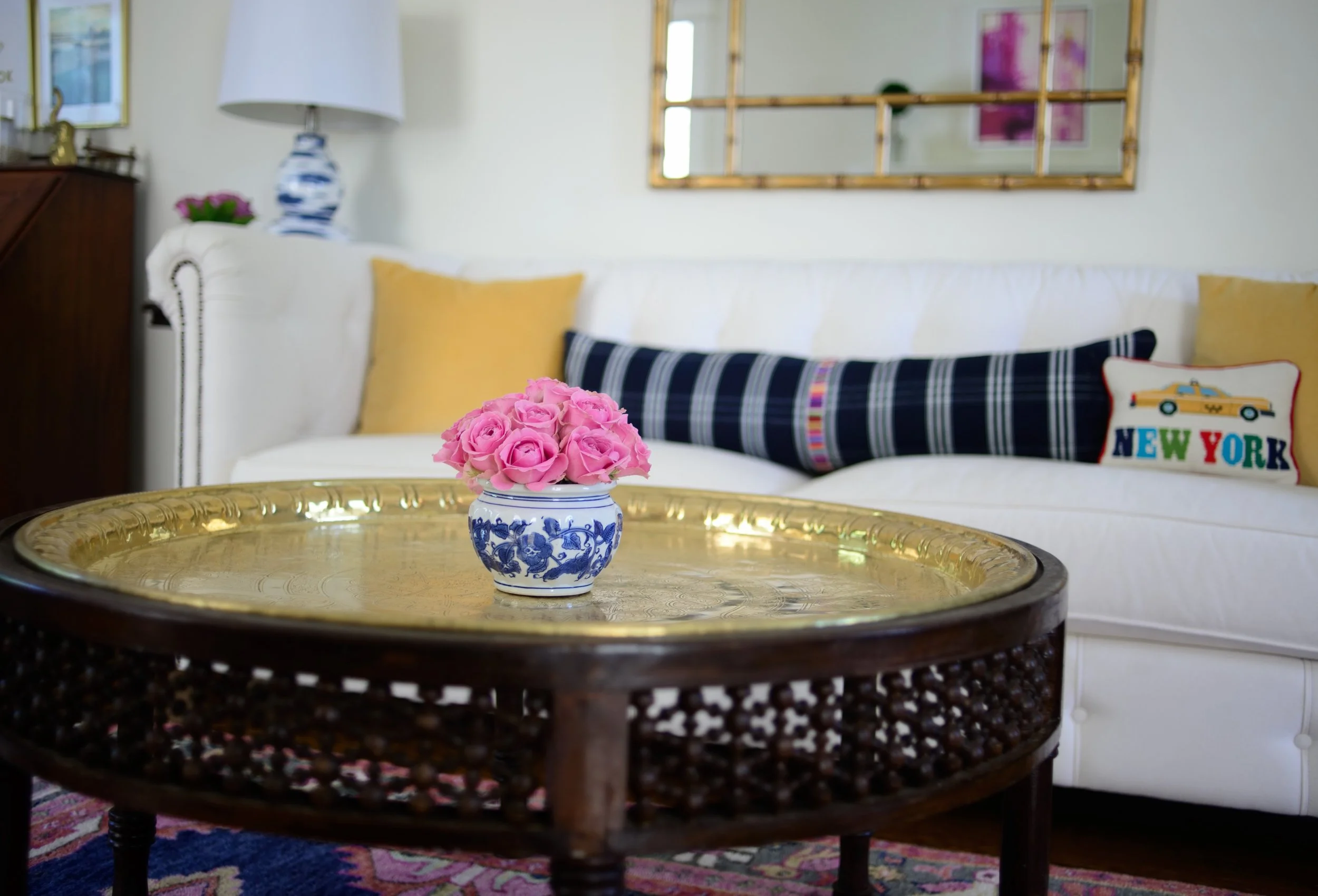 Our very unique brass coffee table is actually a family heirloom. More on my love of antiques to follow in a future post!