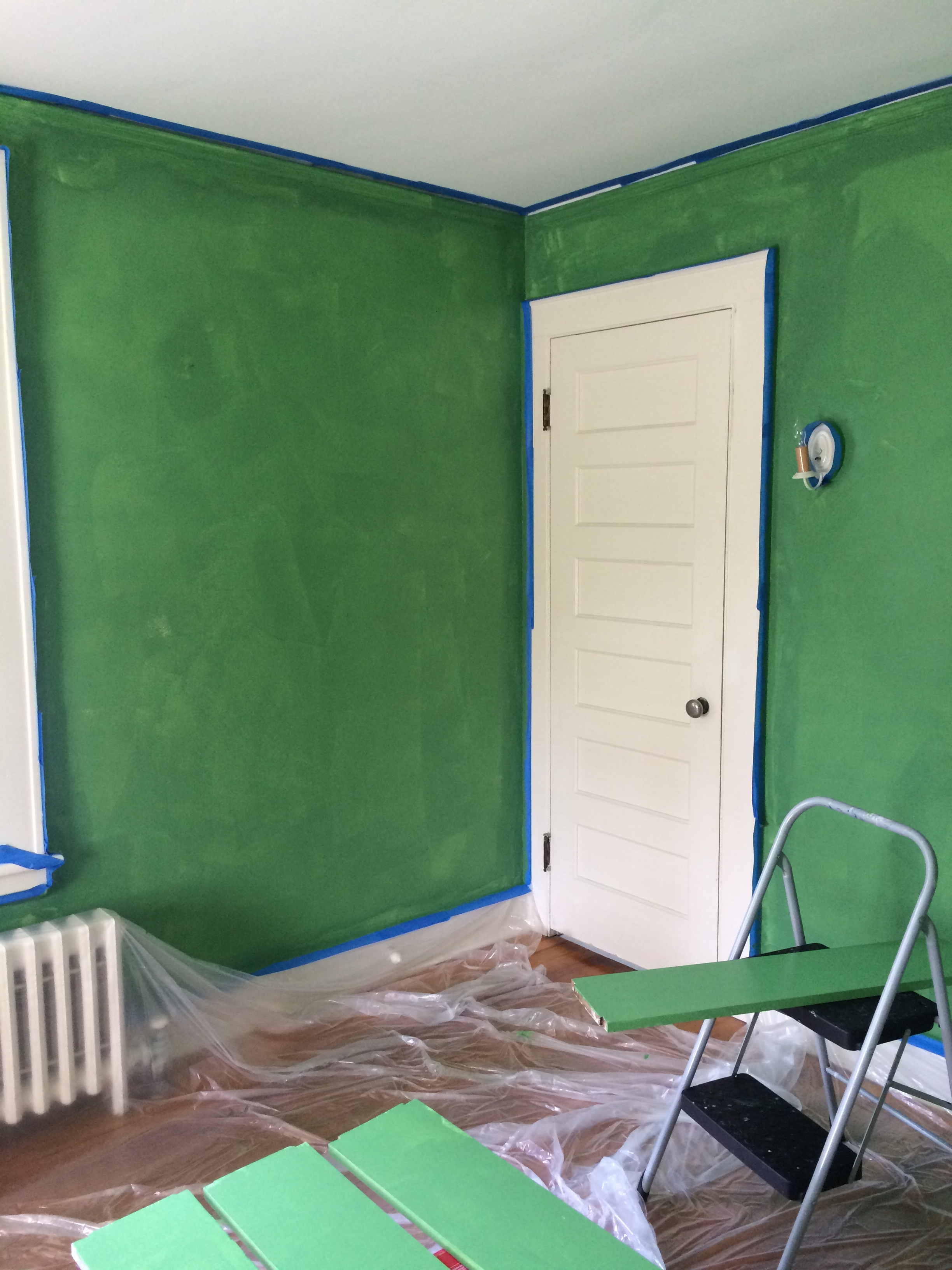 First coat looks terrible. Never judge a paint color based on it's first coat. I always buy samples and test a double coat in a small area before moving forward. I also look at the sample at different times of day to see how the color looks in different lighting.