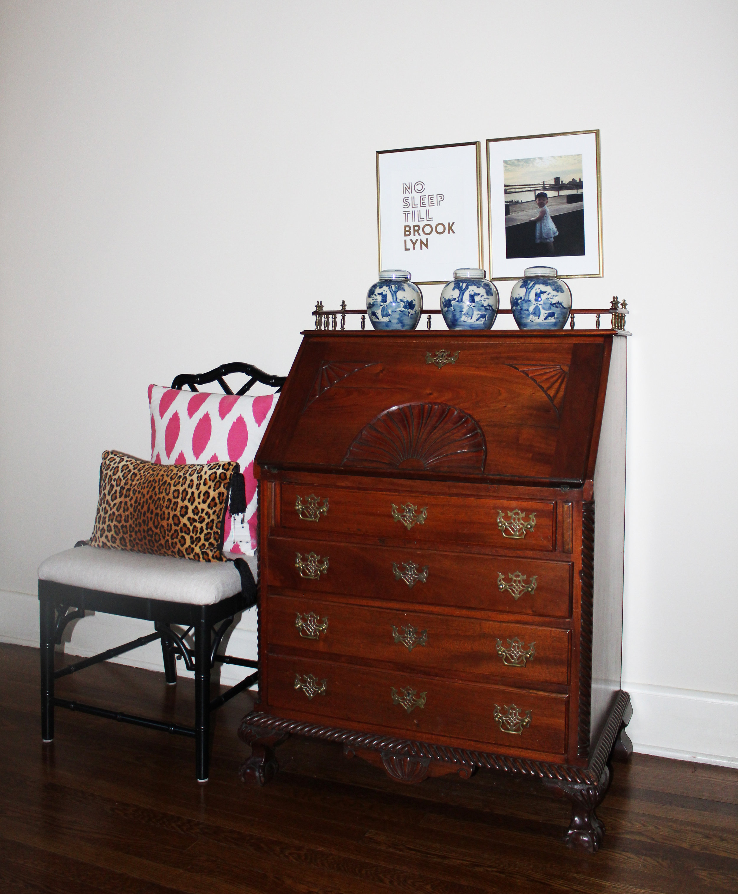 Who says 18th century woodwork and Beastie Boys don't mix?!? Throw in some ginger jars and a leopard pillow and this old piece is my new jam. And who can resist an adorable baby next to a New York landmark?