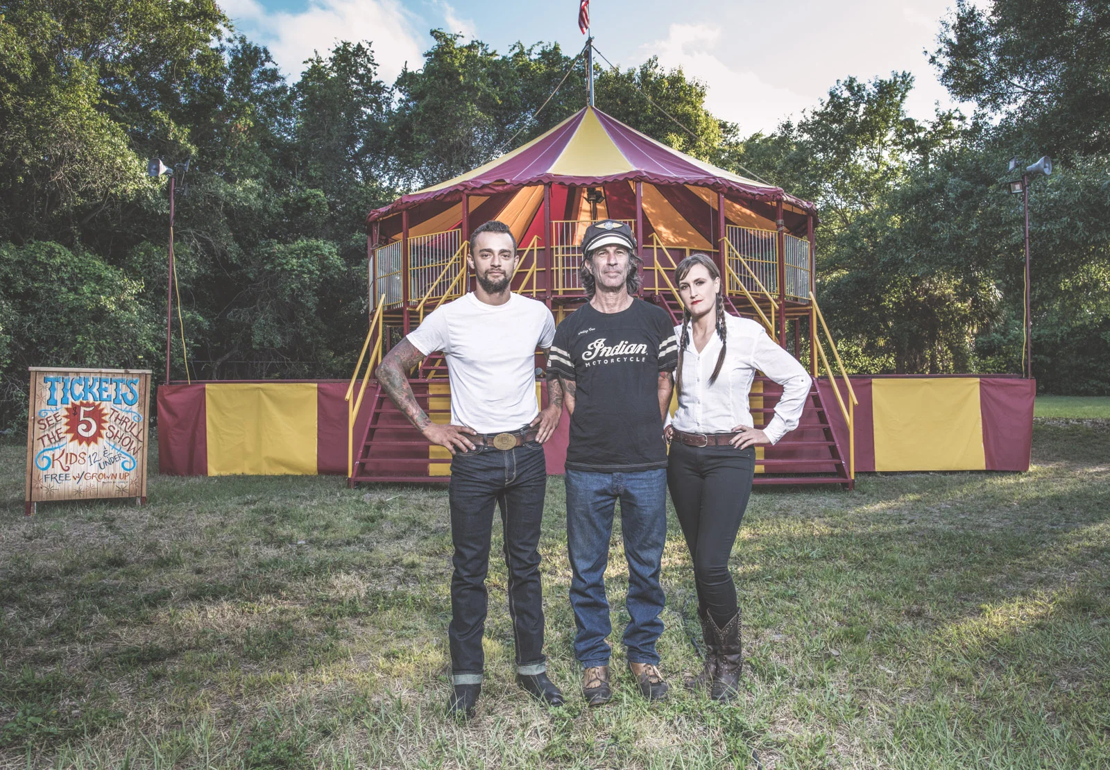 Jake "Cyclone" Wheeler, Dallas Dan, and Samantha Stardust - the brains, brawn, beauty, and balls behind the Wild Wheels Thrill Arena.
