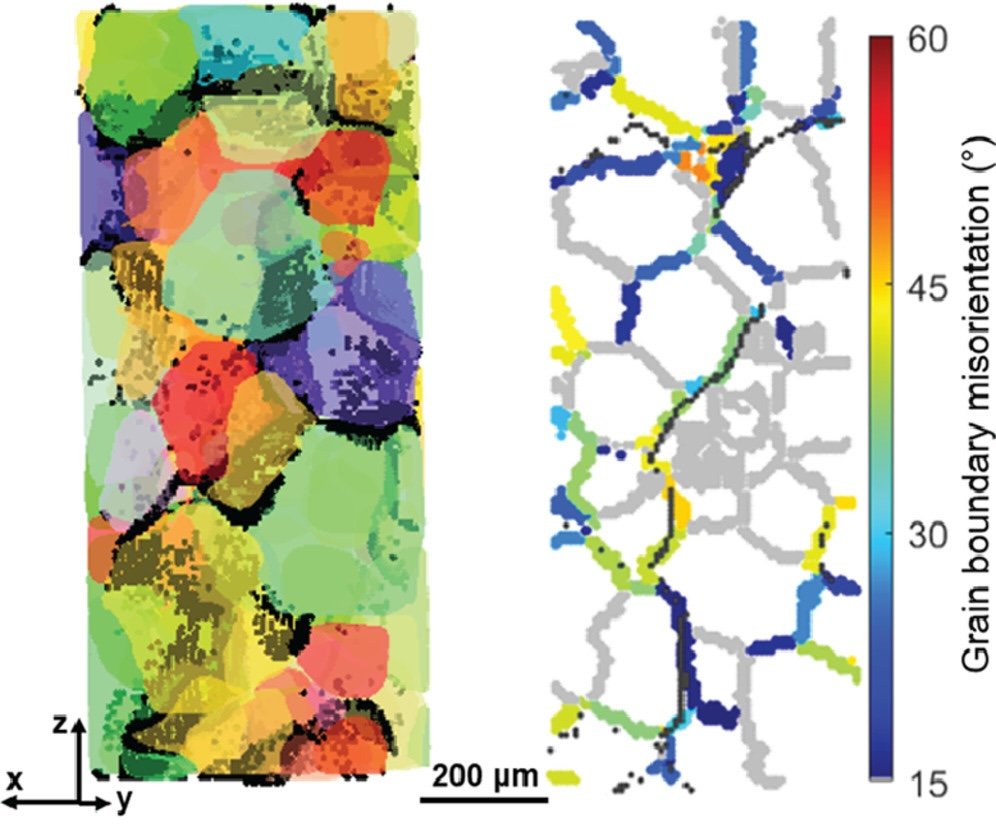 3D percolation pathway of liquid metal (black) in Al.  Imaged via laboratory X-ray diffraction contrast tomography.