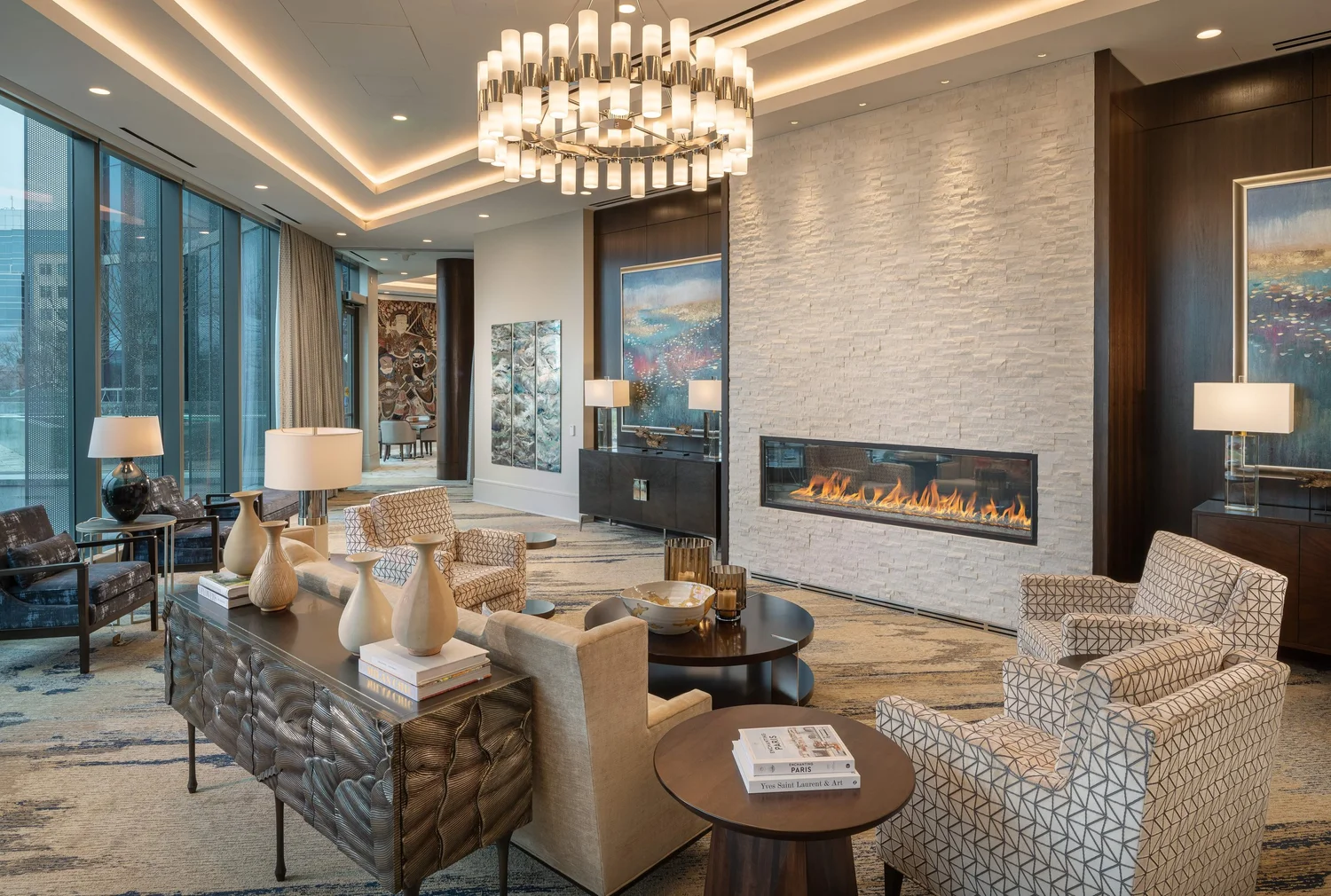 Elegant senior living lounge with fireplace