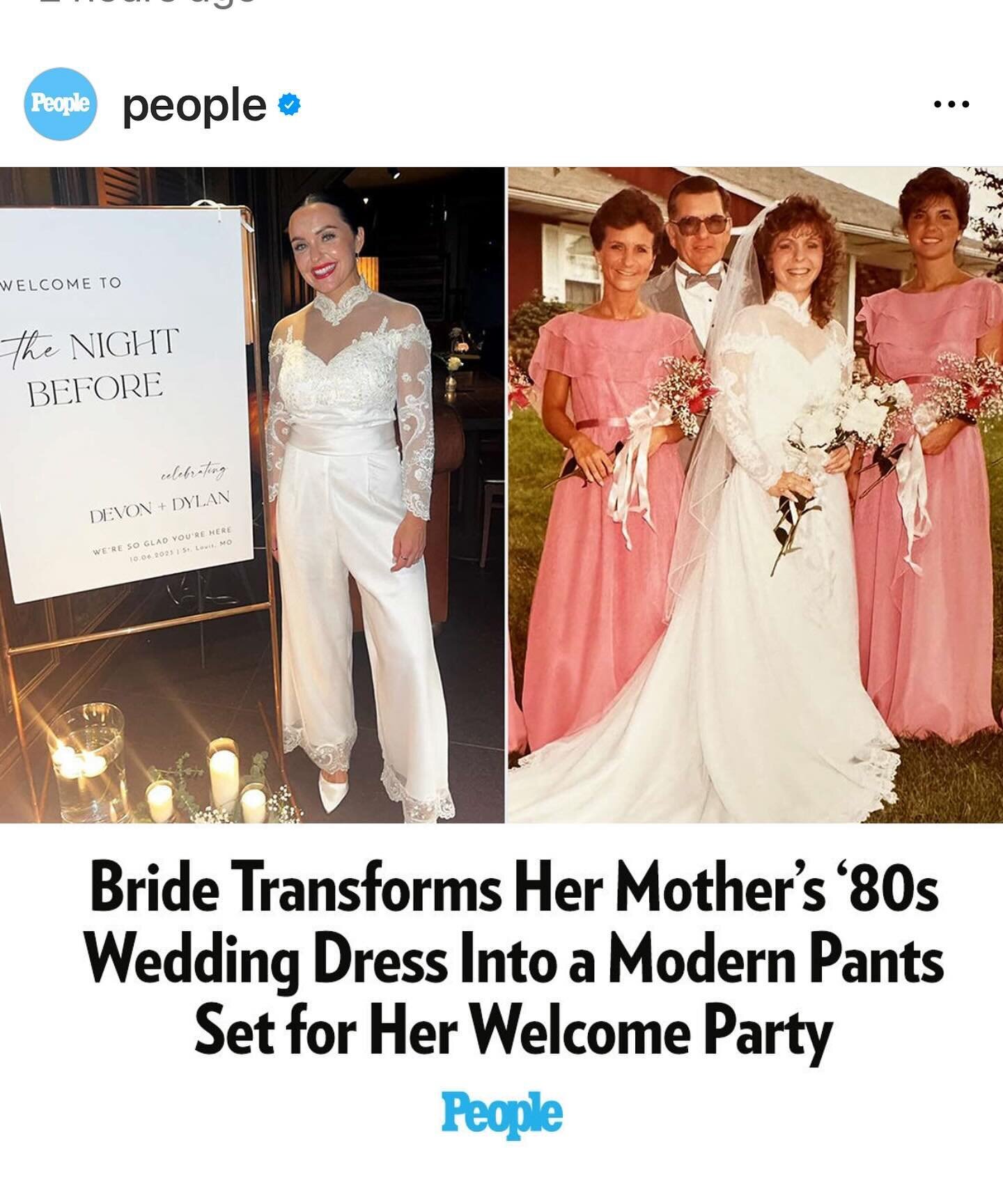 &bull; d e v o n + d y l a n &bull;

Our sweet Devon made @people magazine by posting about her mother&rsquo;s wedding dress that she turned into a designer pants suit for their welcome party the night before their @thedogwoodstl wedding! We can&rsqu