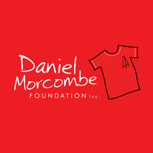 Red background with white text reading 'Daniel Morcombe FOUNDATION Inc.' and a black outline drawing of a child's T-shirt with a ribbon on the collar.