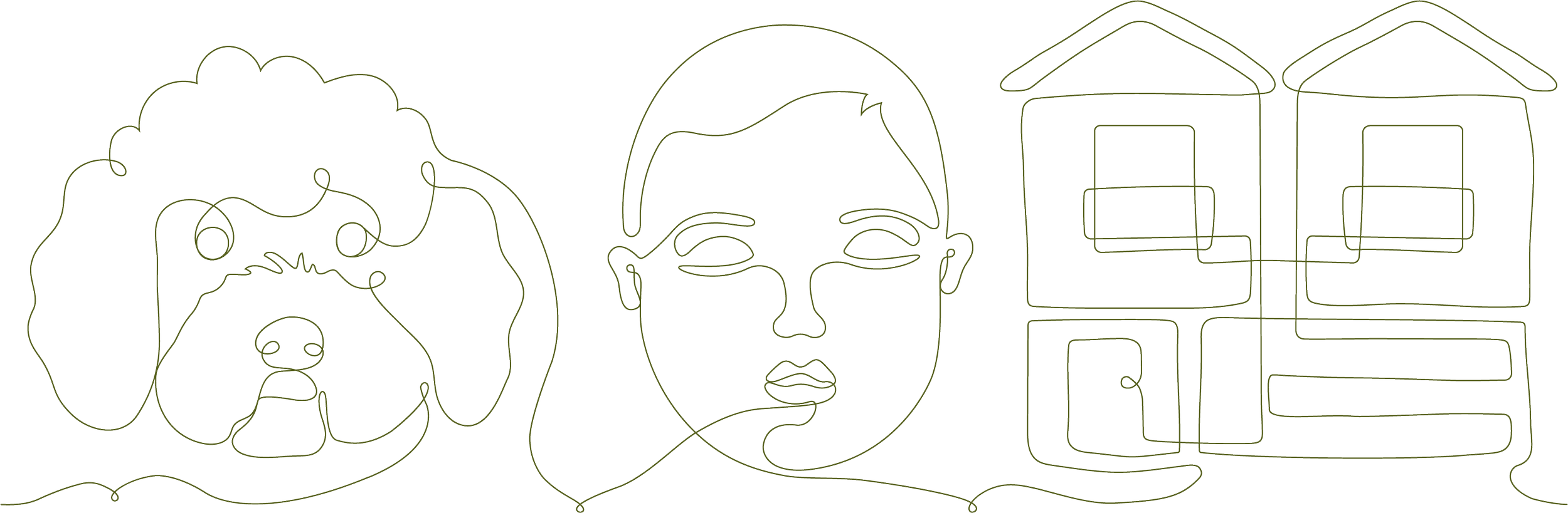 Line art illustration of a dog, a person's face, and clothing or fabric designs.
