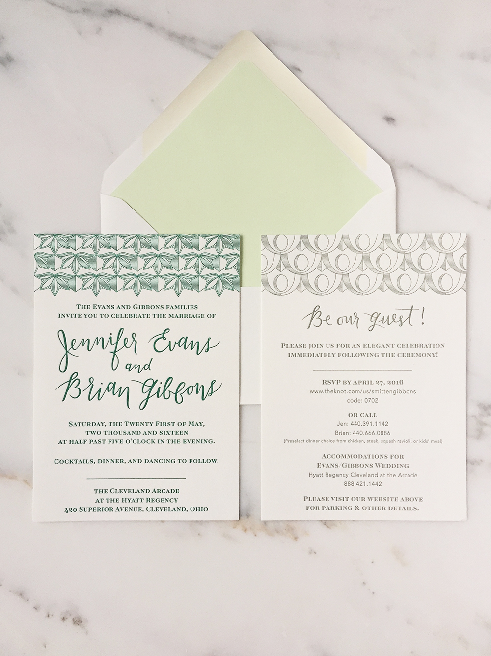 Design completed by Greg Evans. Letterpressed by Igloo Letterpress in Columbus, OH. Custom calligraphy by Liz Lyons.