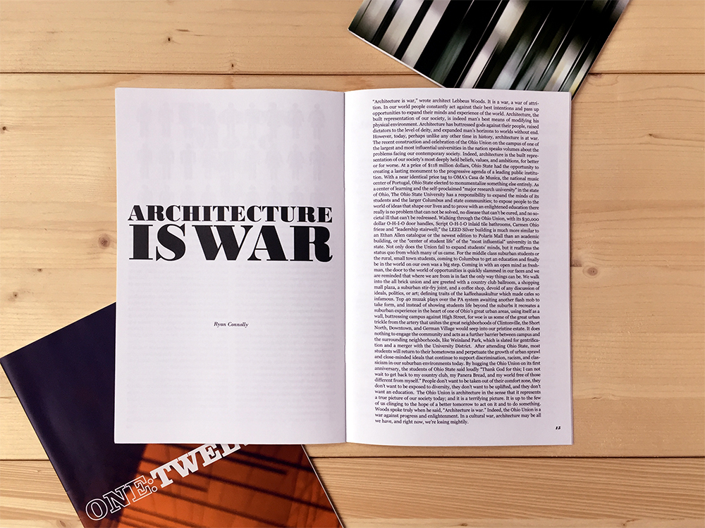 Greg Evans began One:Twelve at The Ohio State University Knowlton School of Architecture with Josh Kuhr. Graphic design was completed along with Samuel Ludwig. Karen Lewis was the Faculty Advisor of the journal at that time.