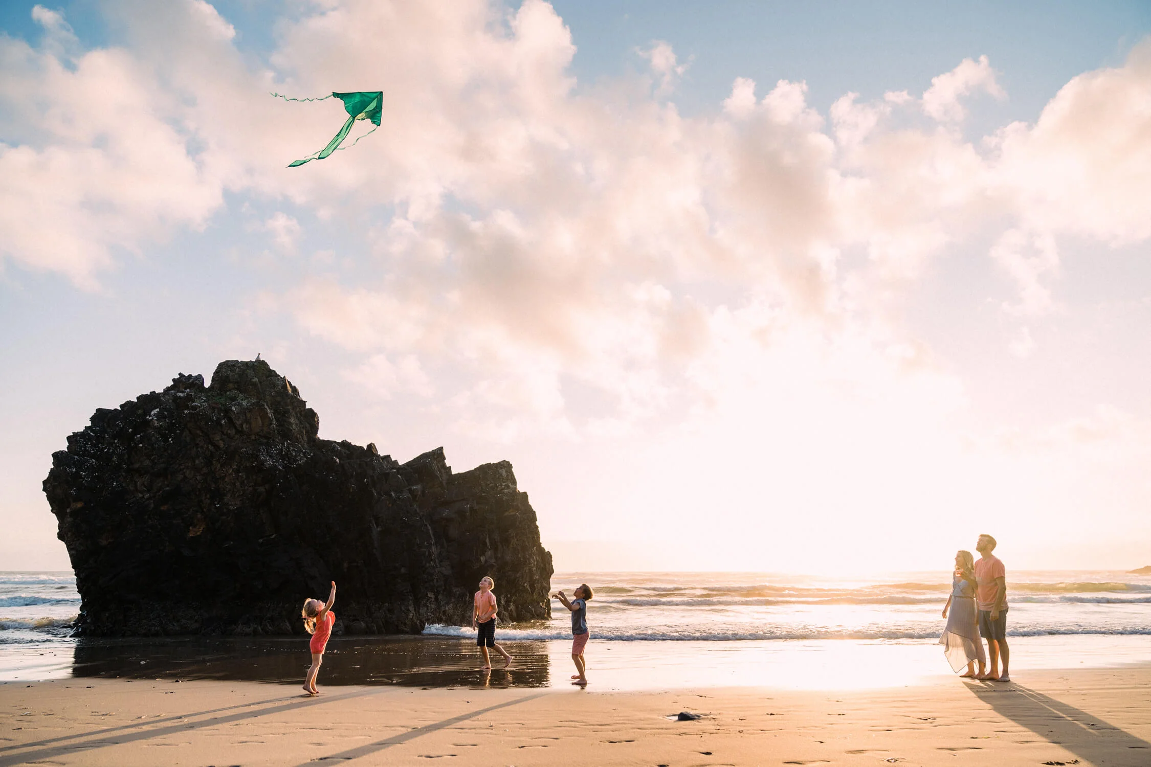 Oregon Coast Family Kite Rock Golden Hour
