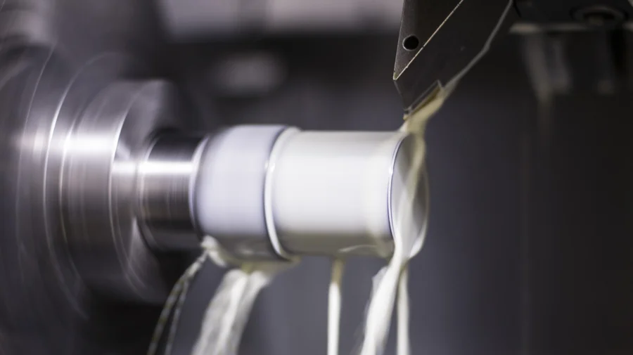 A part turning in the chuck under coolant at Emig Machine & Tool