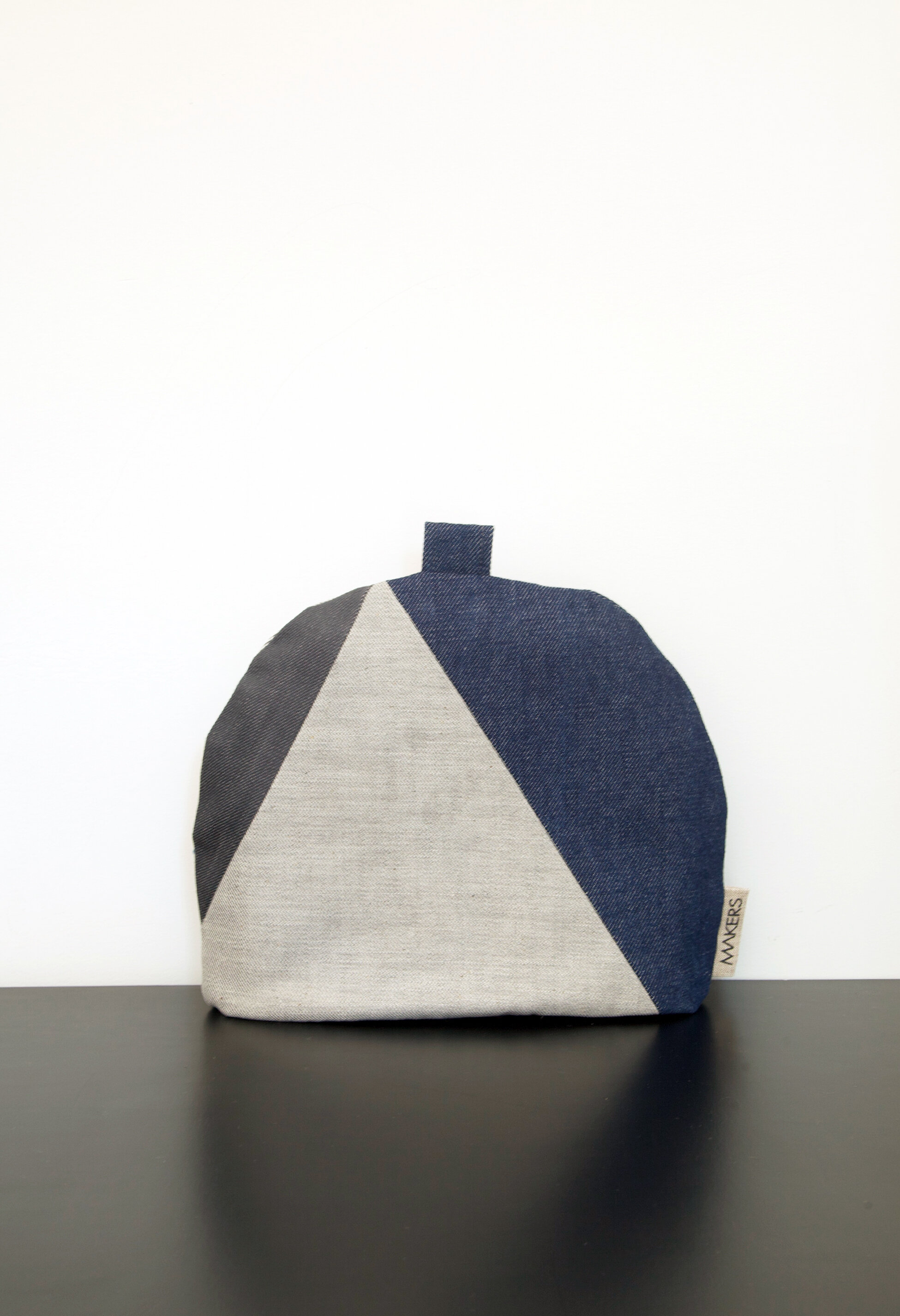 pieced shades of grey and indigo denim small tea cosy 9" x 11"