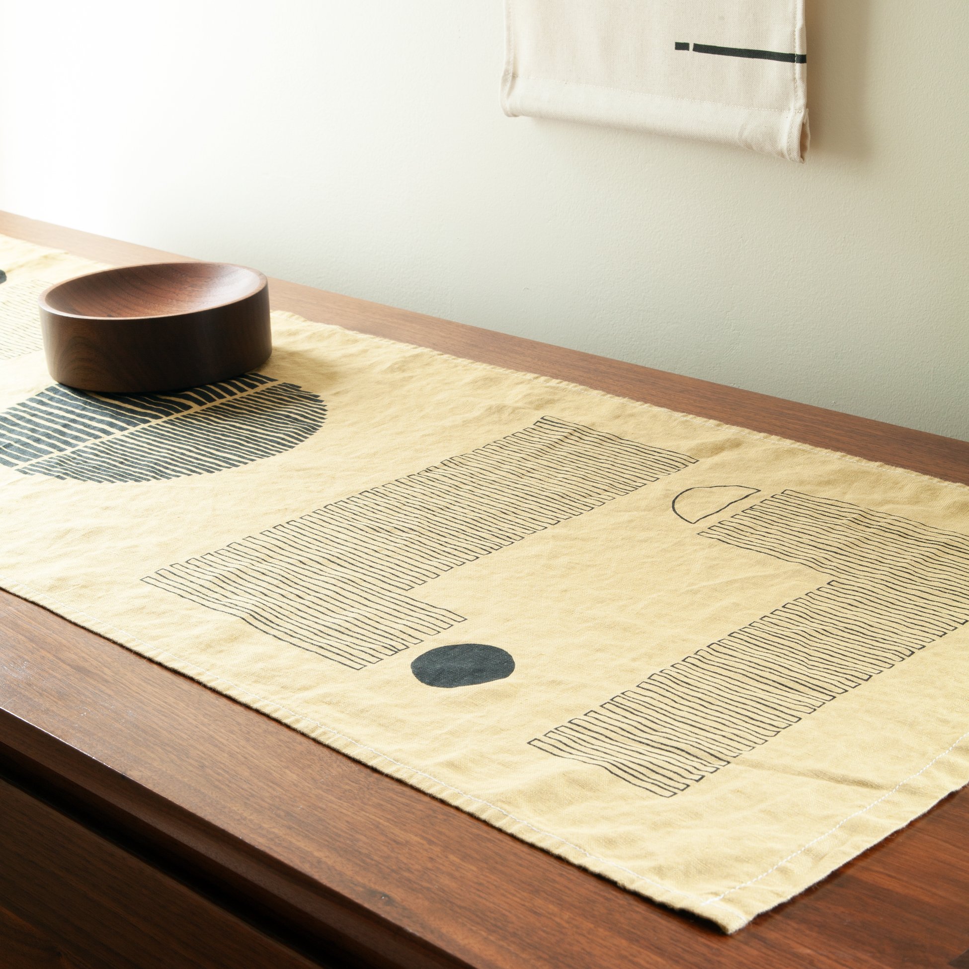 midnight stack print on citron european linen table runner 2 sizes 18" x 56" and 18" x 110".