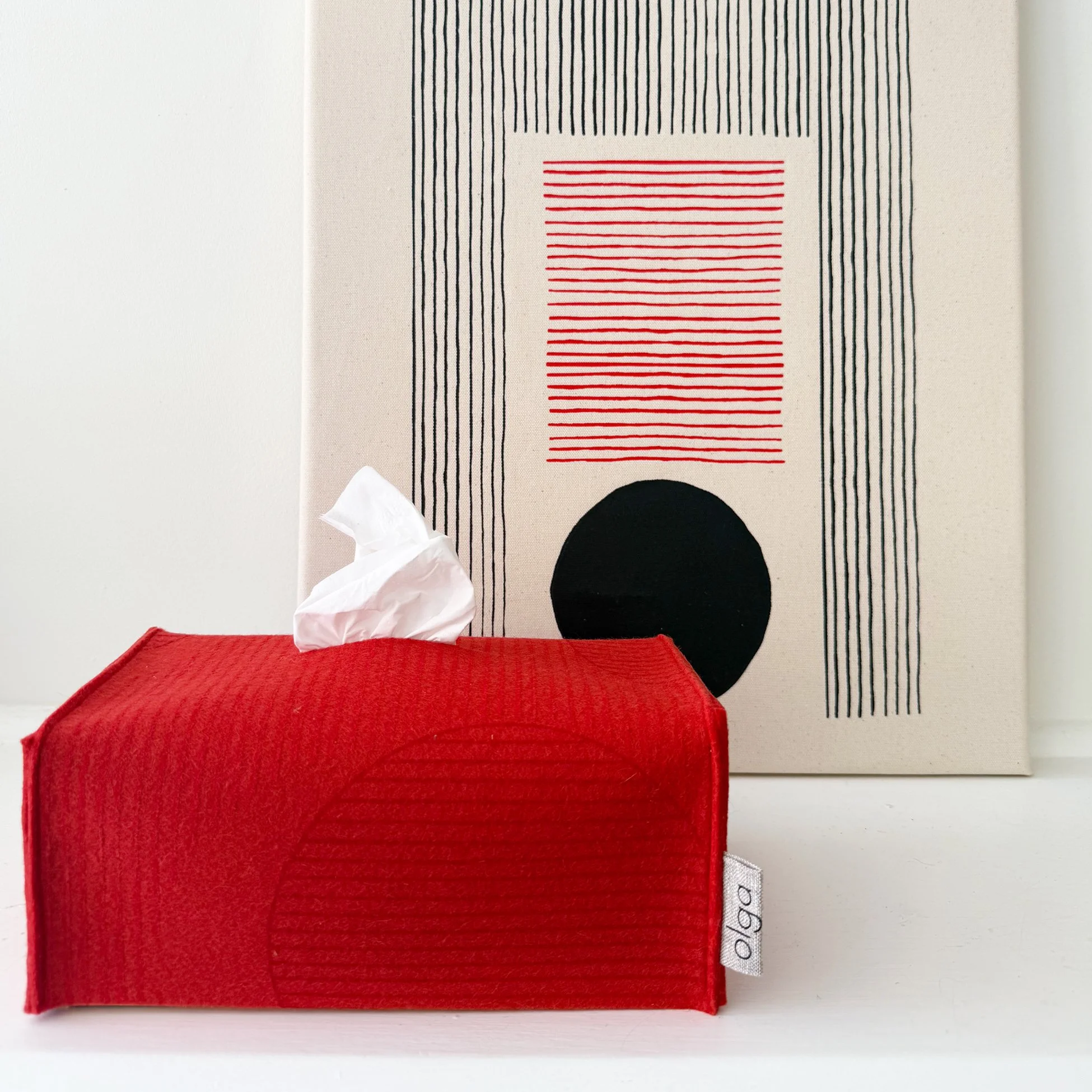 Rectangle Tissue Box Cover/ Two-Tone Red Circle Line Print on Tomato Wool Felt