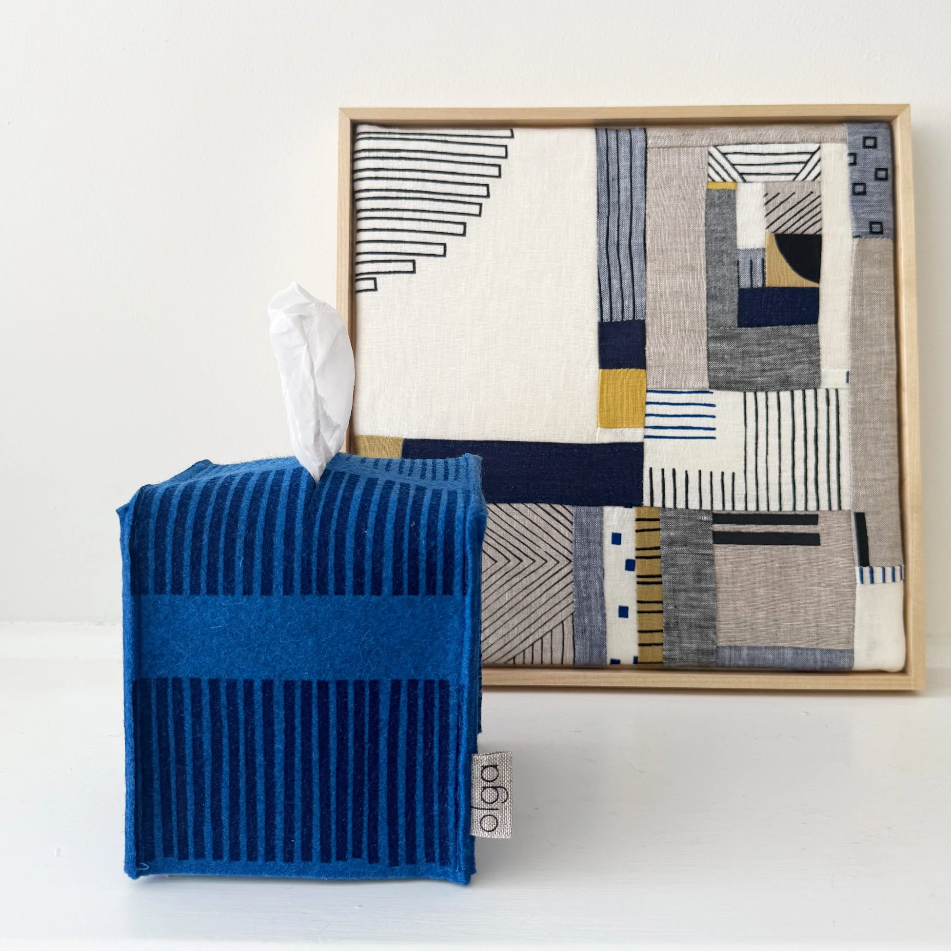 Square Tissue Box Cover/ Cobalt Marks Print on Lake Wool Felt