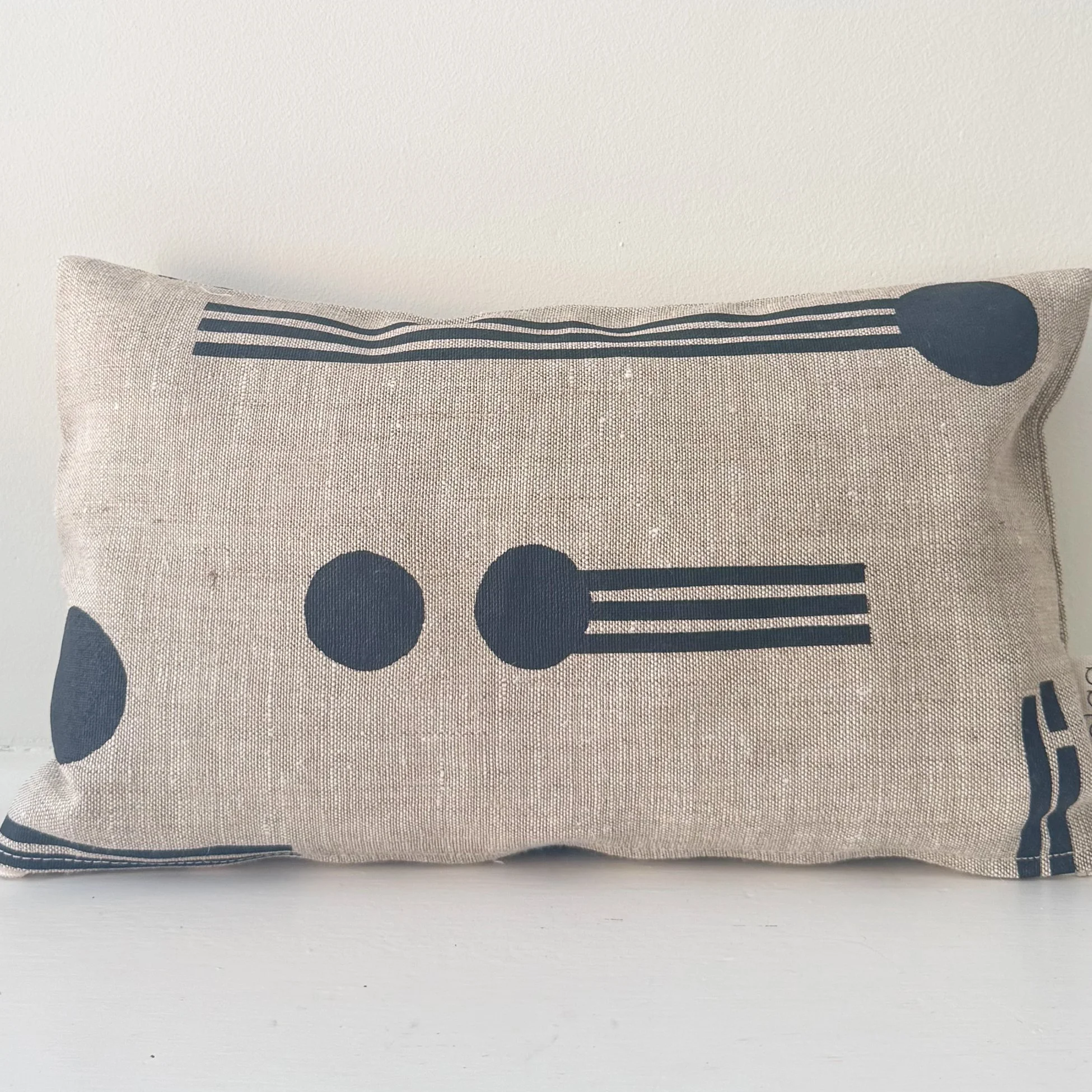 Teeny Cushion/Charcoal Geos + Lines Print on Stone Linen