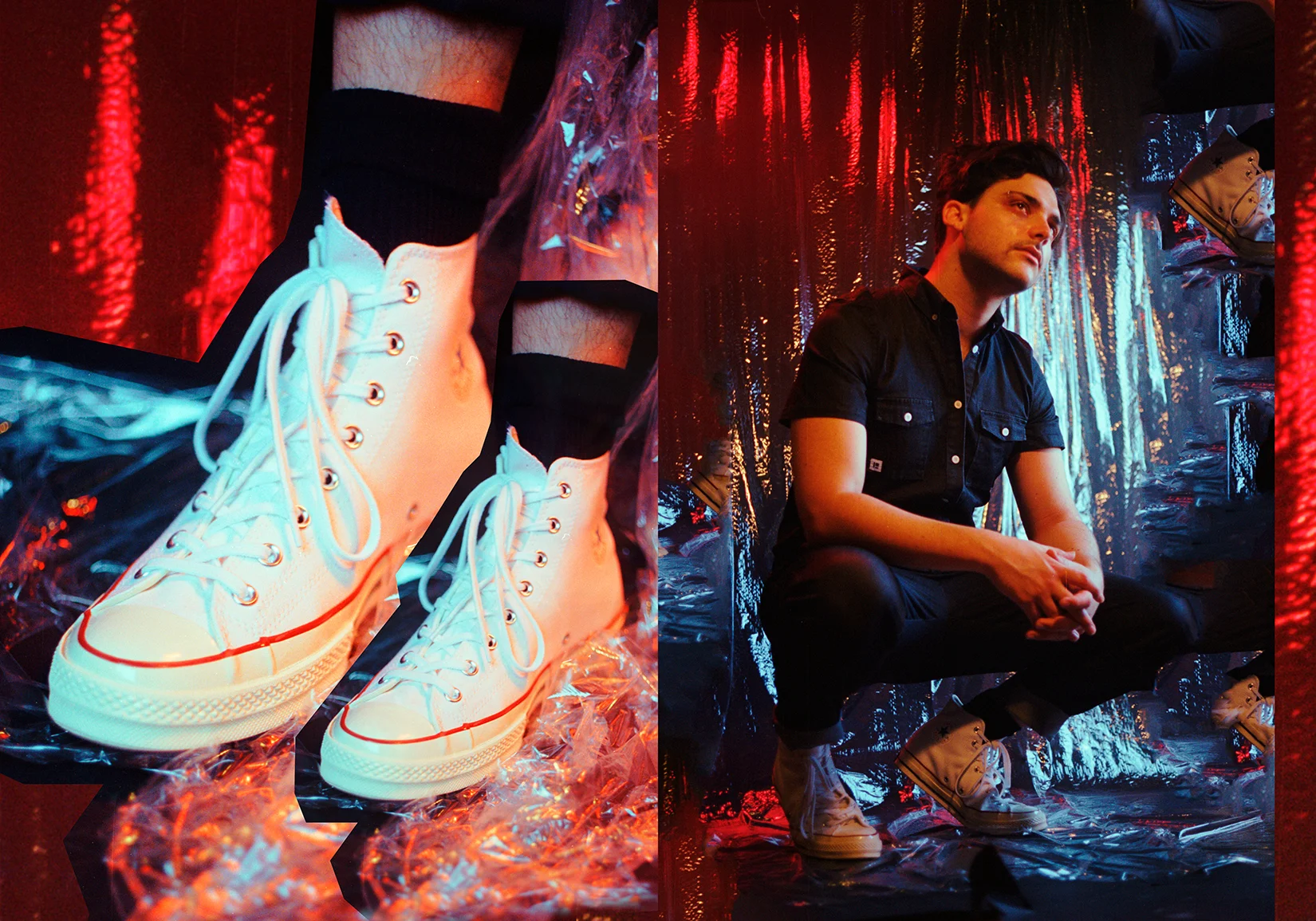 Black Coverall by Standard Issue NYC, Shoes are Hi-Top Chuck Taylor All-Stars by Converse.