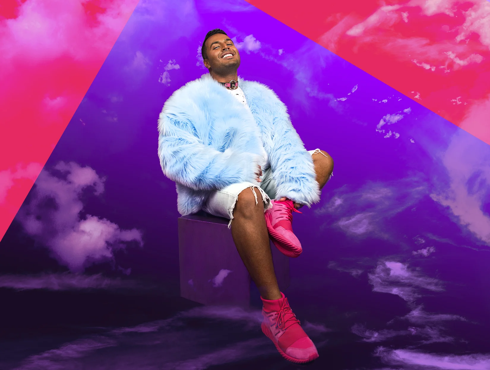 Ripped denim shorts, vintage Cherokee, Pink trainers by Adidas, Faux Fur Coat by Underdog. 