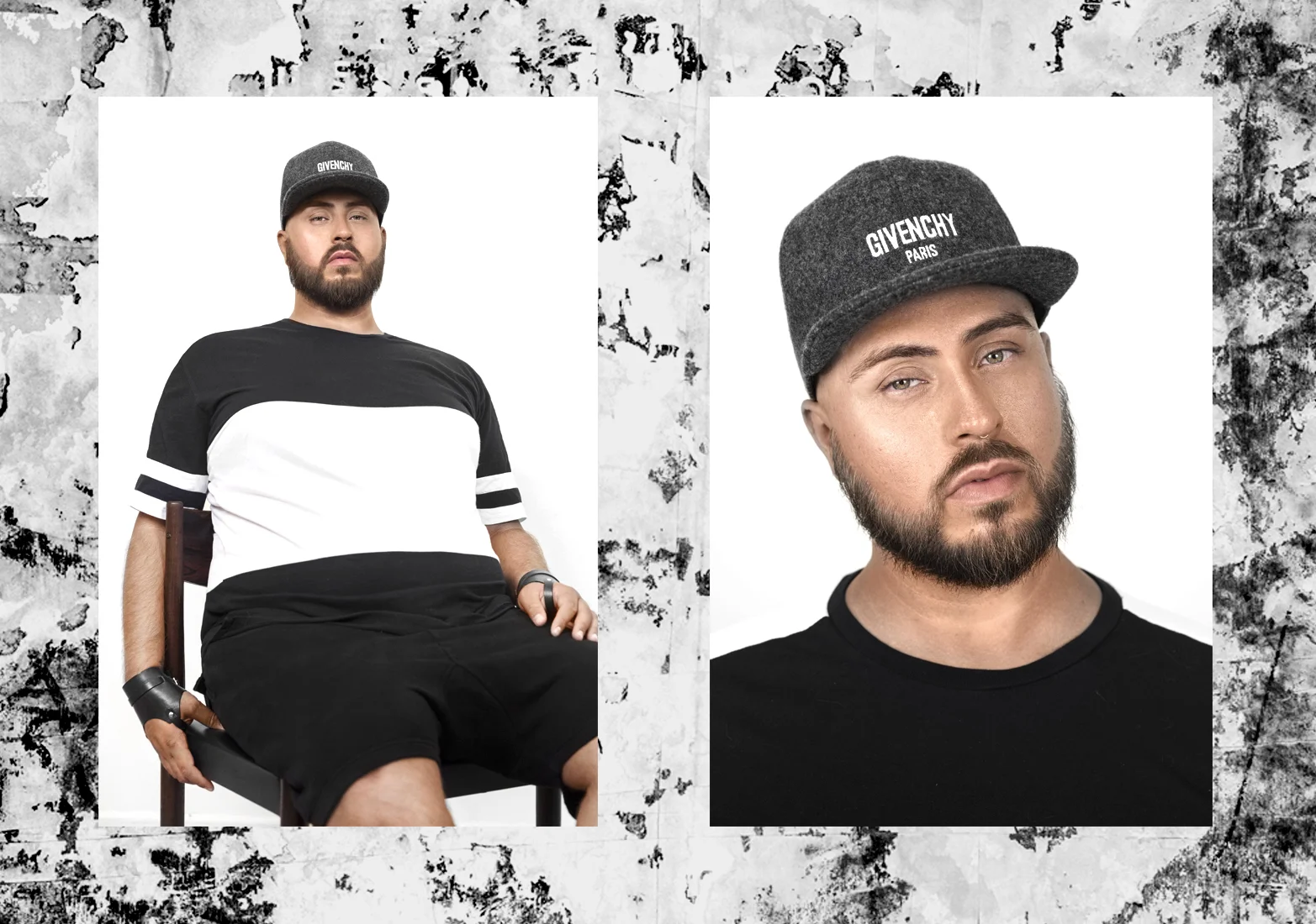 Football jersey by Zanerobe, Wrist cuffs are Margiela for H&M, Baseball cap by Givenchy. 