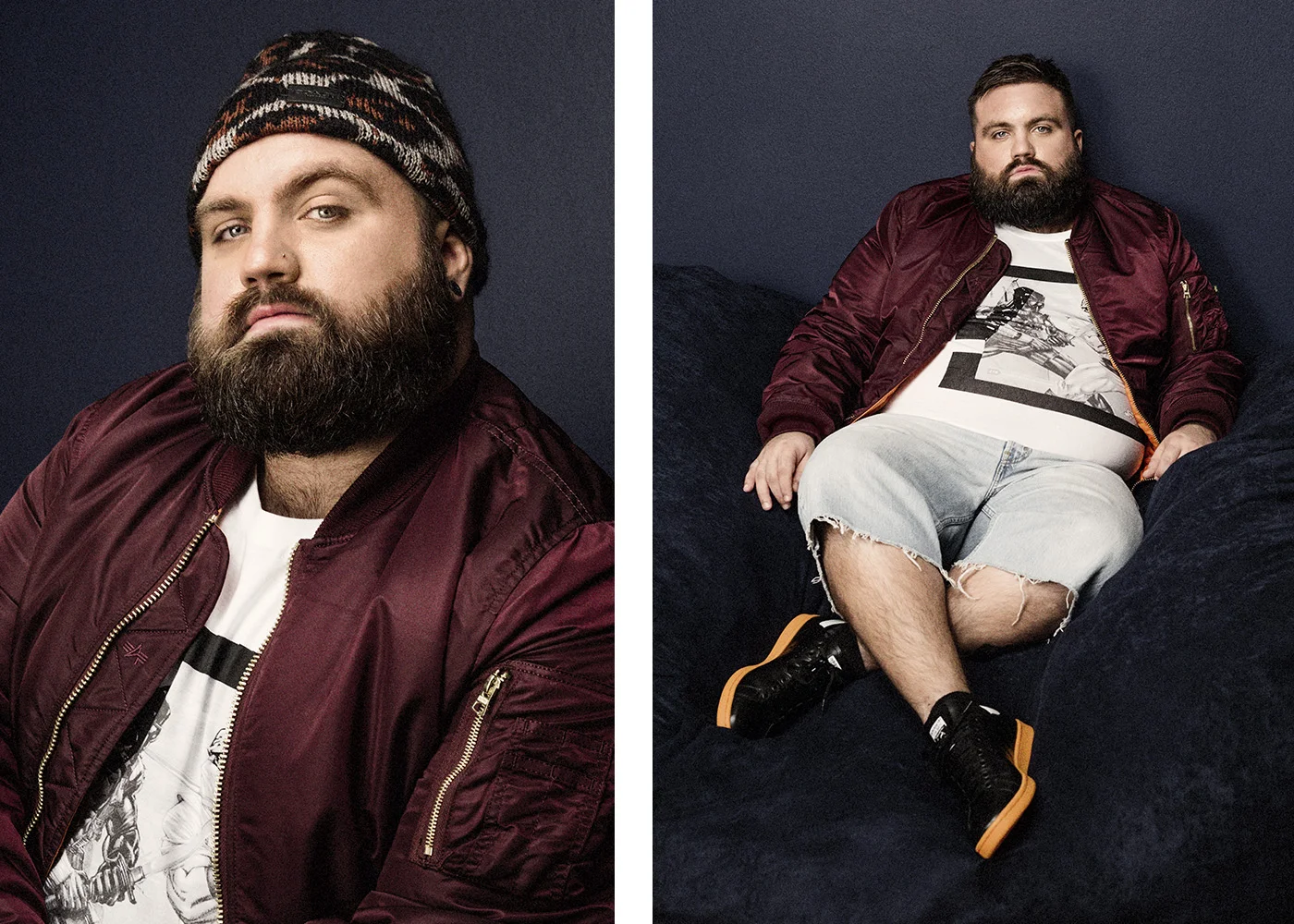 Coach hat, Alpha Industries Bomber in maroon, ELEVENPARIS G.I. Joe T-Shirt, Wrangler cutoff denim, Adidas by Raf Simons (Stan Smith). 