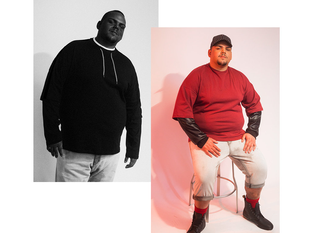 Layered hoodies are from ASOS Plus , Baseball cap from Rag & Bone , Boots are Converse , Jeans are tailored vintage. 