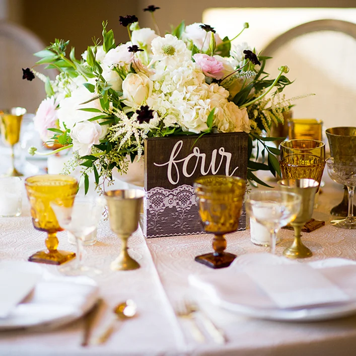 Sweet + Crafty | Wedding Stained Wood and Lace Table Number with White Calligraphy