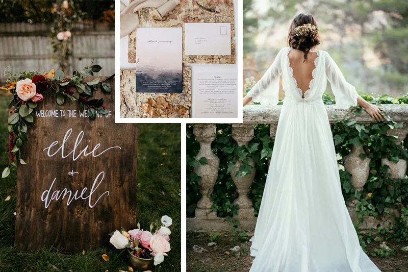 Wood welcome sign by Kenley Event Design // Photo by Jillian Bowes // via 100 Layer Cake Invitation by Lilac & White Bridal gown source unknown