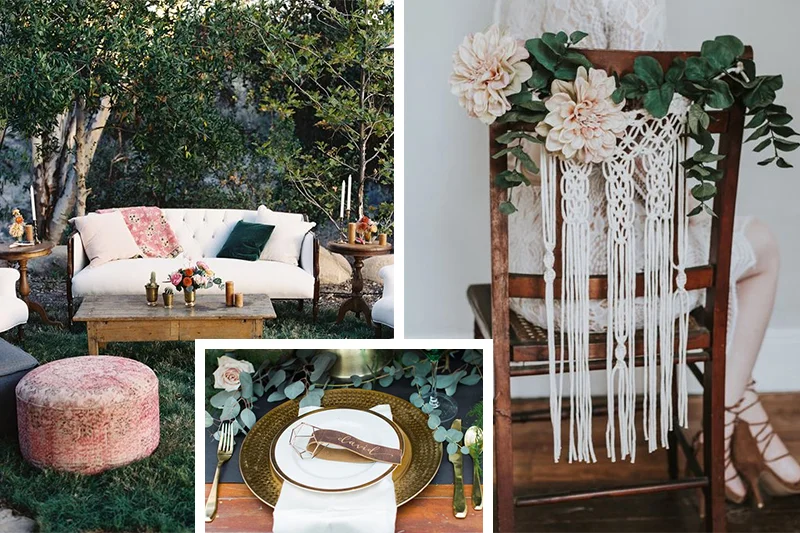 Lounge by Found Vintage Rentals // Photo by Tec Petaja Photography // via Style Me Pretty Calligraphy leather place cards by Hooked Calligraphy // Photo by Meg Cooper Photography // via Ruffled Blog Chair back macrame via Etsy shop HeirloomAndBloomCo