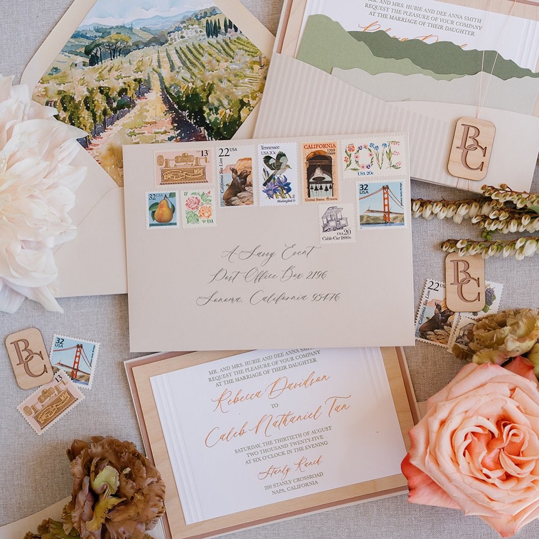 Every little detail that went into this invitation suite was a labor of love and passion for what I get to create for couples, especially ones like Becca and Caleb. Getting to create the custom die cut folio and insert cards, incorporating actual bir