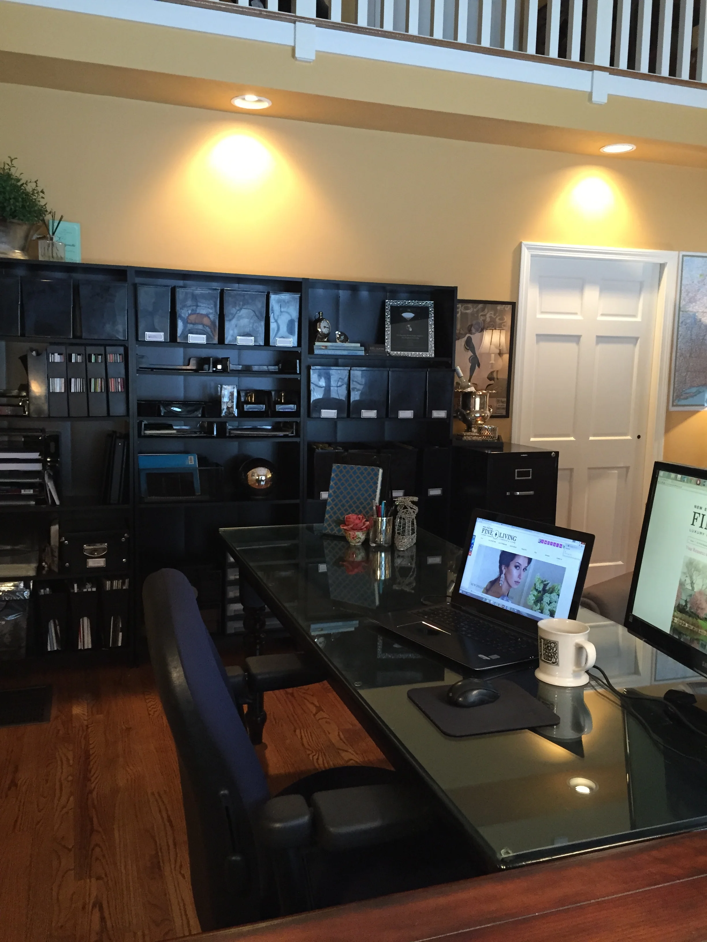 home office ideas black shelves black desk