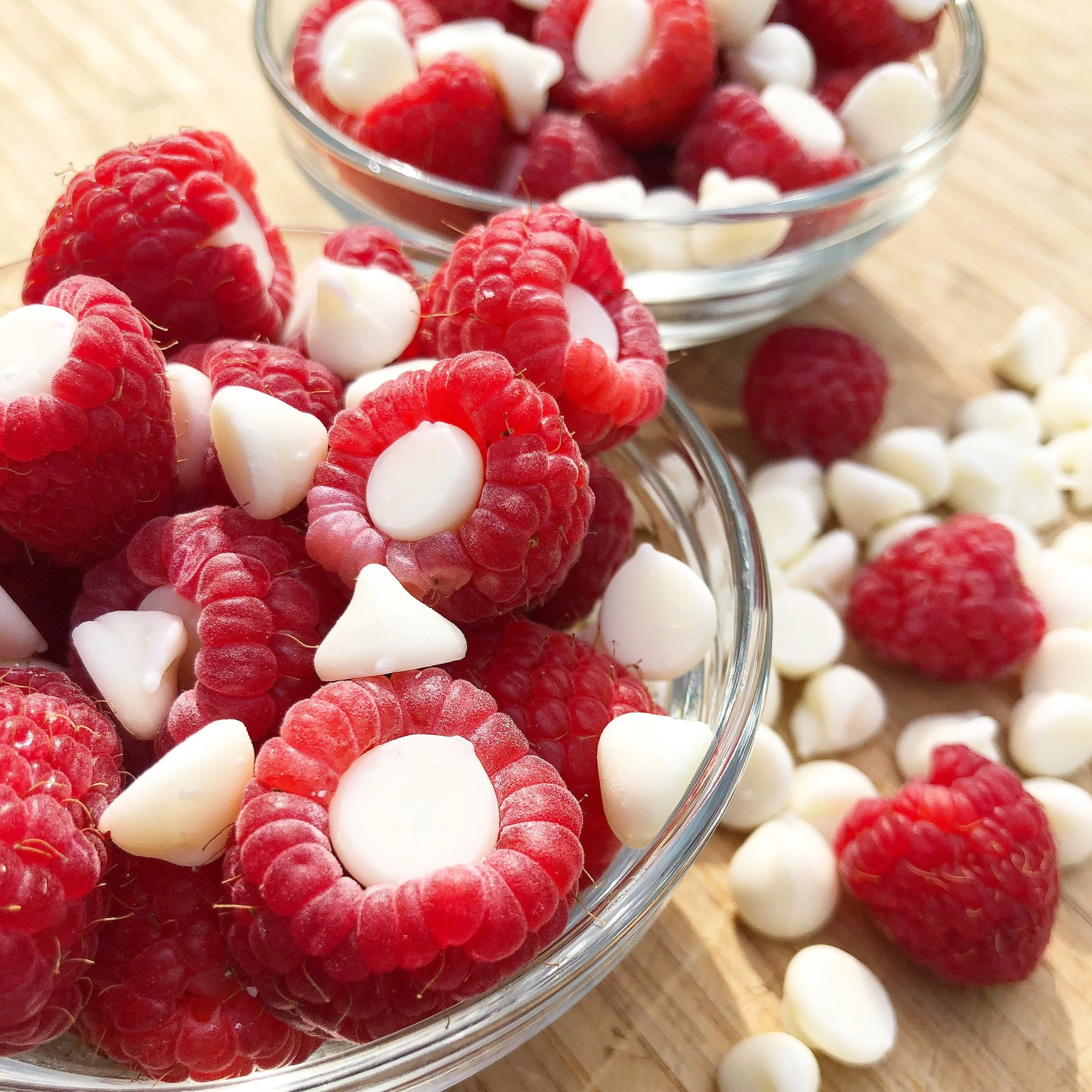 Raspberries and white chocolate chips create a simple sweet treat 